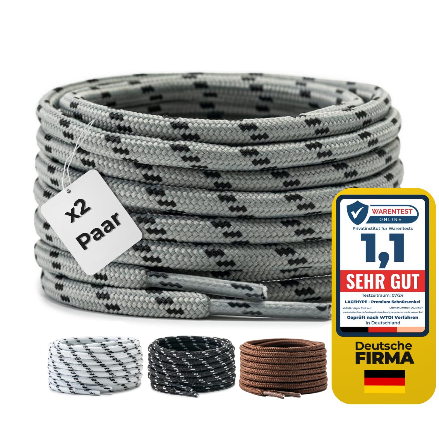 LaceHype 2 Paar - Premium Runde Schnürsenkel [ Ø4,5 mm ] Polyester für Arbeitsschuhe, Stiefel, Outdoorschuhe und Sportschuhe reißfeste Schuhbänder (Grau/Schwarz, 150cm)
