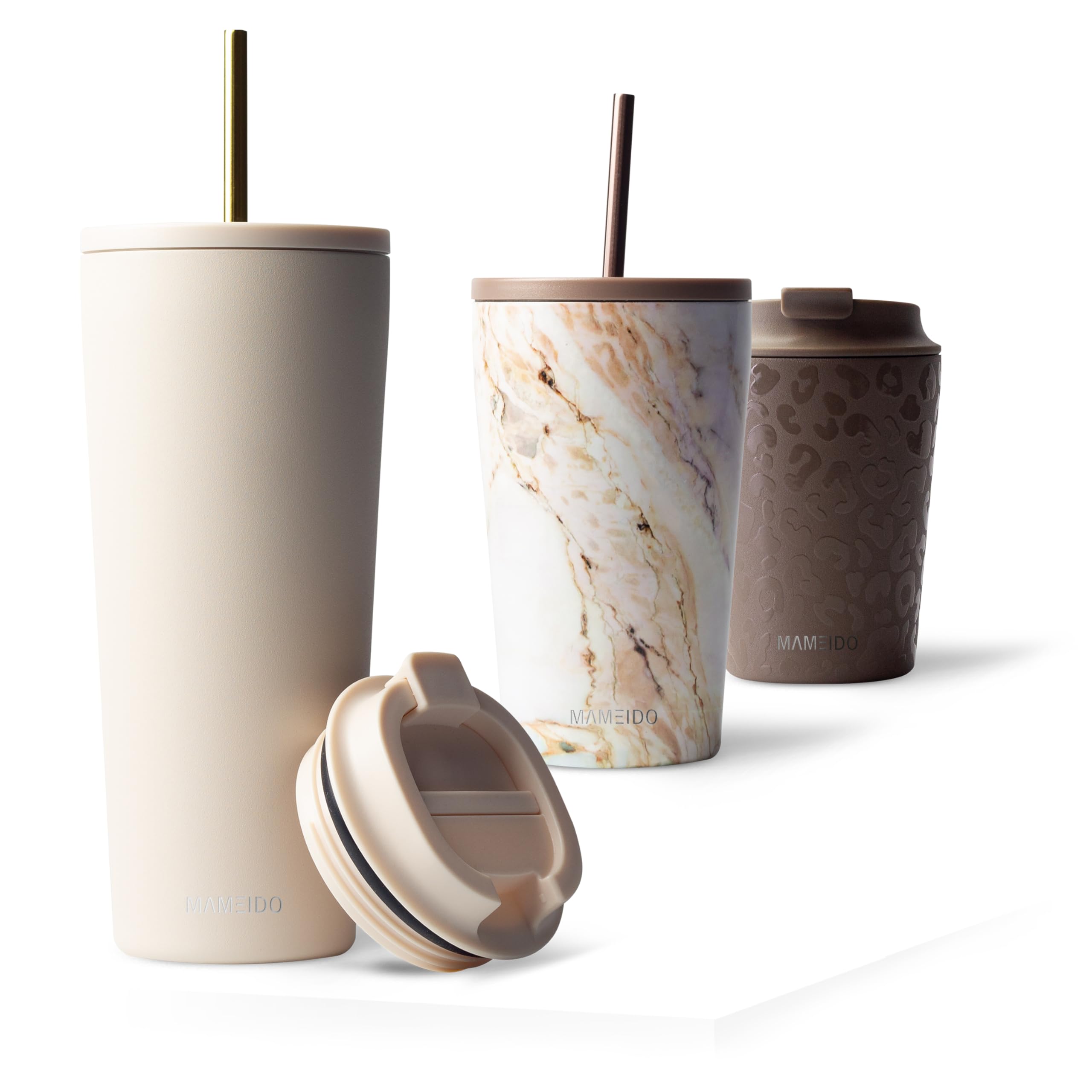 MAMEIDO Thermobecher mit Strohhalm 700 ml, Trinkbecher mit Deckel und Strohhalm aus Edelstahl doppelwandig isoliert, auslaufsicher, Coffee to go Becher (Ivory Beige)