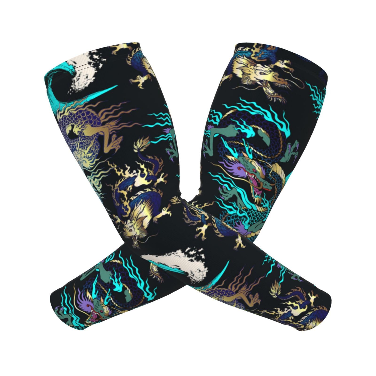 MZERSE Fashion Cooling Sun Sleeves UV Protection Arm Sleeves Compatible With Japanese Cool Ocean Wave Black Gold Dragon Arm Cover Sleeve, Non Slip Arm Sleeves for Men Women