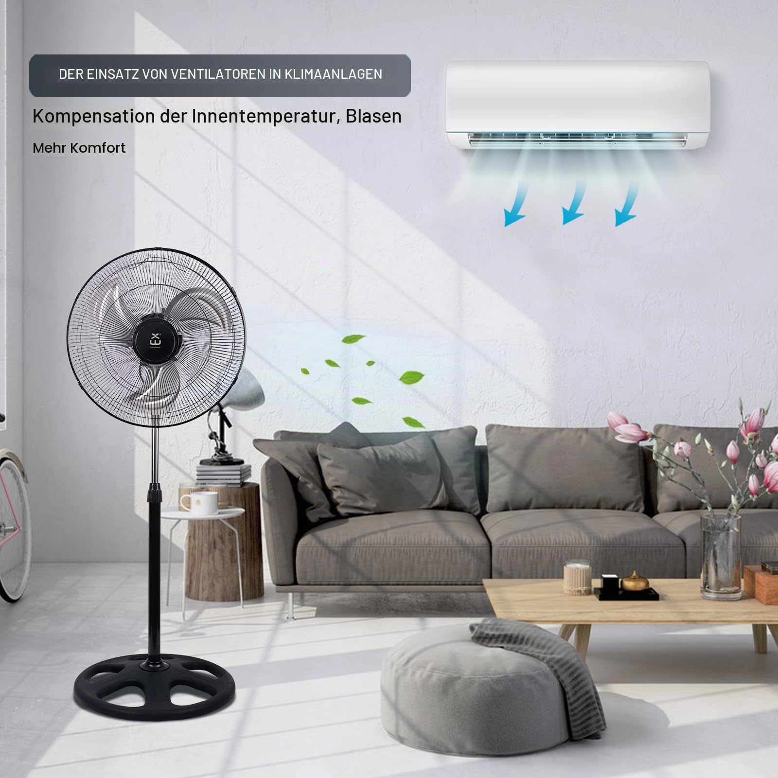 Standventilator 50cm Industrie Ventilator mit 3 Aluminiumflügeln, 80W Starker Luftstrom, 3 Geschwindigkeitsstufen, 90° Oszillation, Höhenverstellbar 101-130cm, Leiser Betrieb für Wohnzimmer Büro