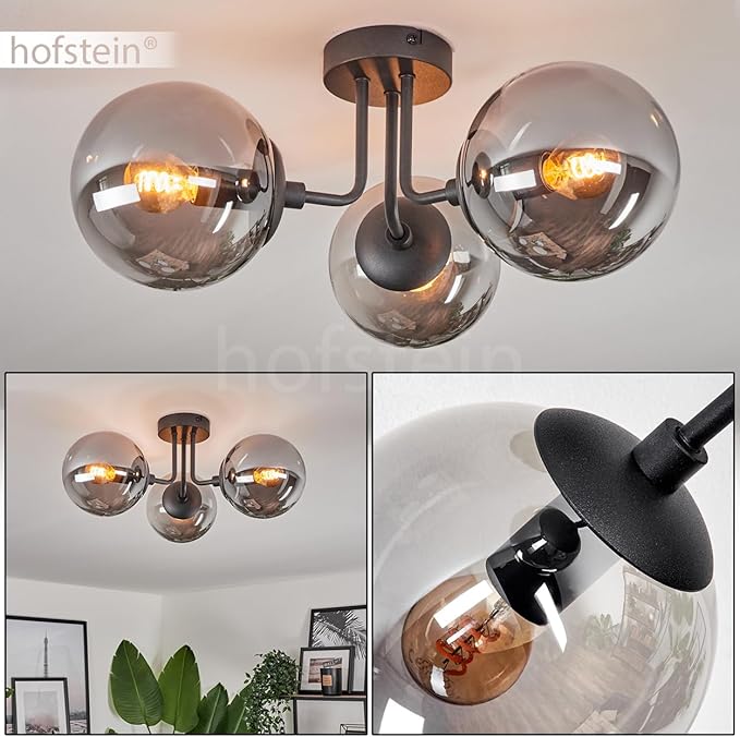 hofstein HOFSTEIN Plafondlamp Cabalonga, moderne plafondlamp van metaal/glas in zwart/rookkleuren, lamp in modern design met kappen van glas (Ø 15 cm), 3 lampen, 3 x E27, zonder lamp photo 2