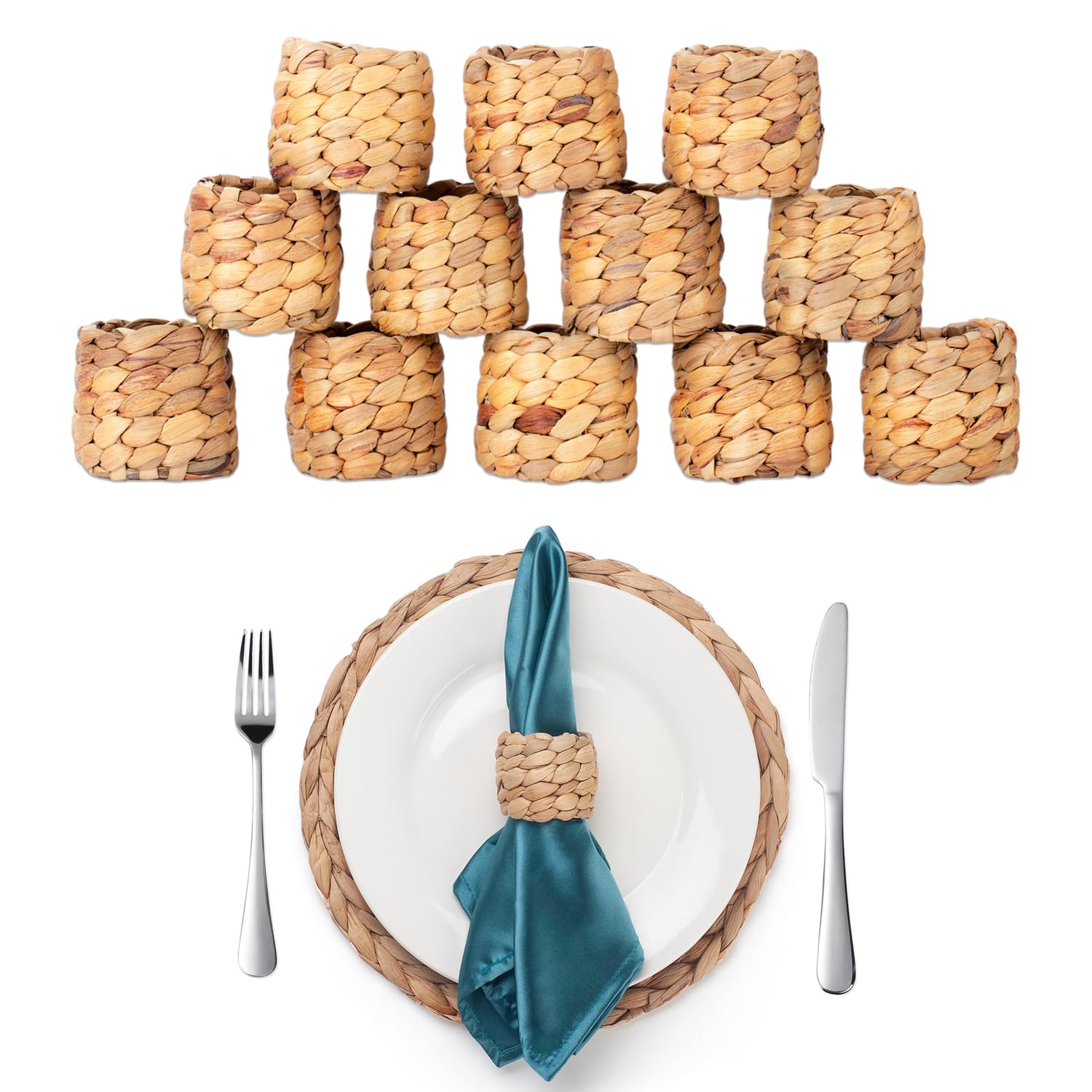 Set di 12 portatovaglioli rustici – Anelli in tessuto di vimini fatti a mano per la decorazione della tavola della fattoria | Ringraziamento, Natale e accessori per stoviglie da sposa