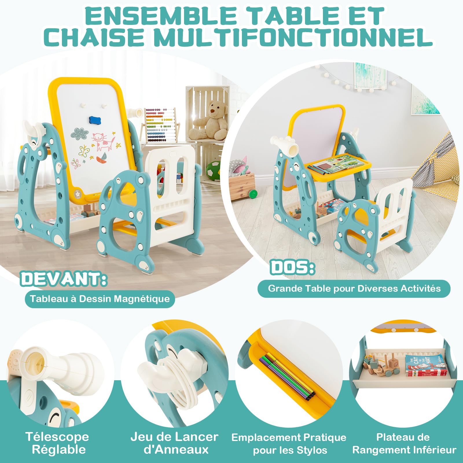 GOPLUS 4 en 1 Tableau Enfant avec Chaise, Table Enfant Tableau Blanc Magnétique Réglable avec Banc avec Télescope,Lancer d'Anneaux, Effaçable à Sec et Marqueurs 1-8 Ans