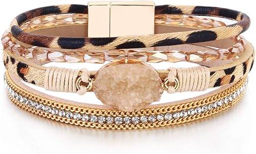 FANCY SHINY - Pulsera de cuero estilo bohemio, pulsera de cuentas de cristal con cierre magnético, regalos de joyería para mujer