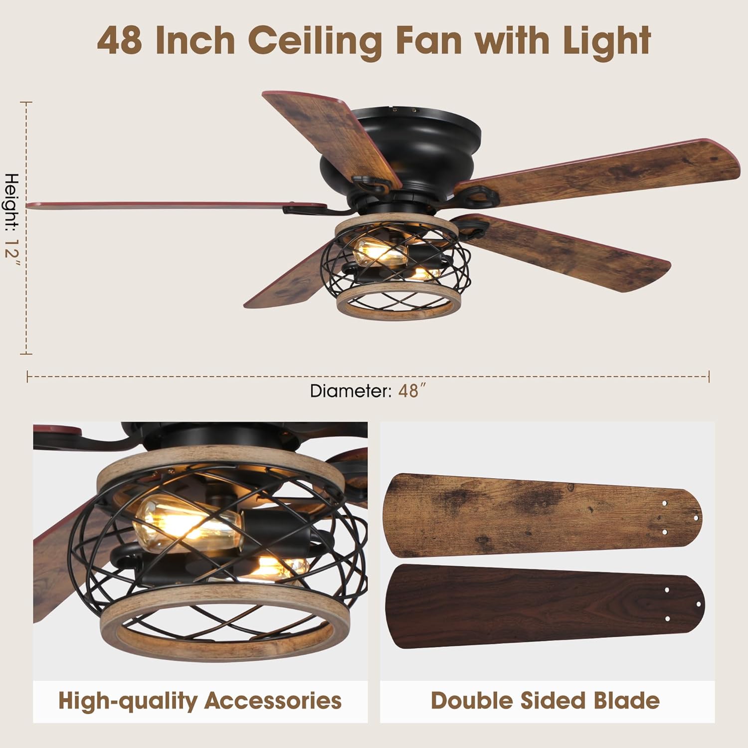Parrot Uncle Ceiling Fans with Lights and Remote, Farmhouse Flush Mount Ceiling Fans for Bedroom Living Room, UL Listed Rustic Low Profile Fan Indoor Outdoor, Reversible AC Motor, 5 Wood Blades