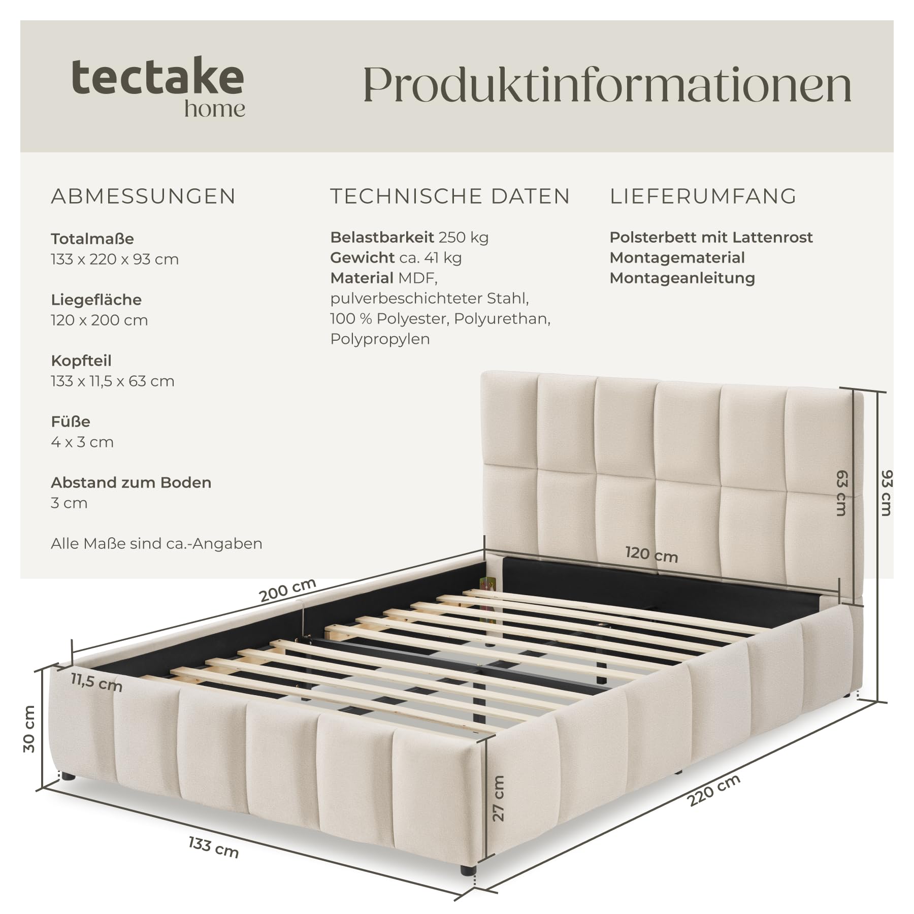 tectake® Polsterbett 120 x 200 cm, integrierter Lattenrost, Kassettensteppung