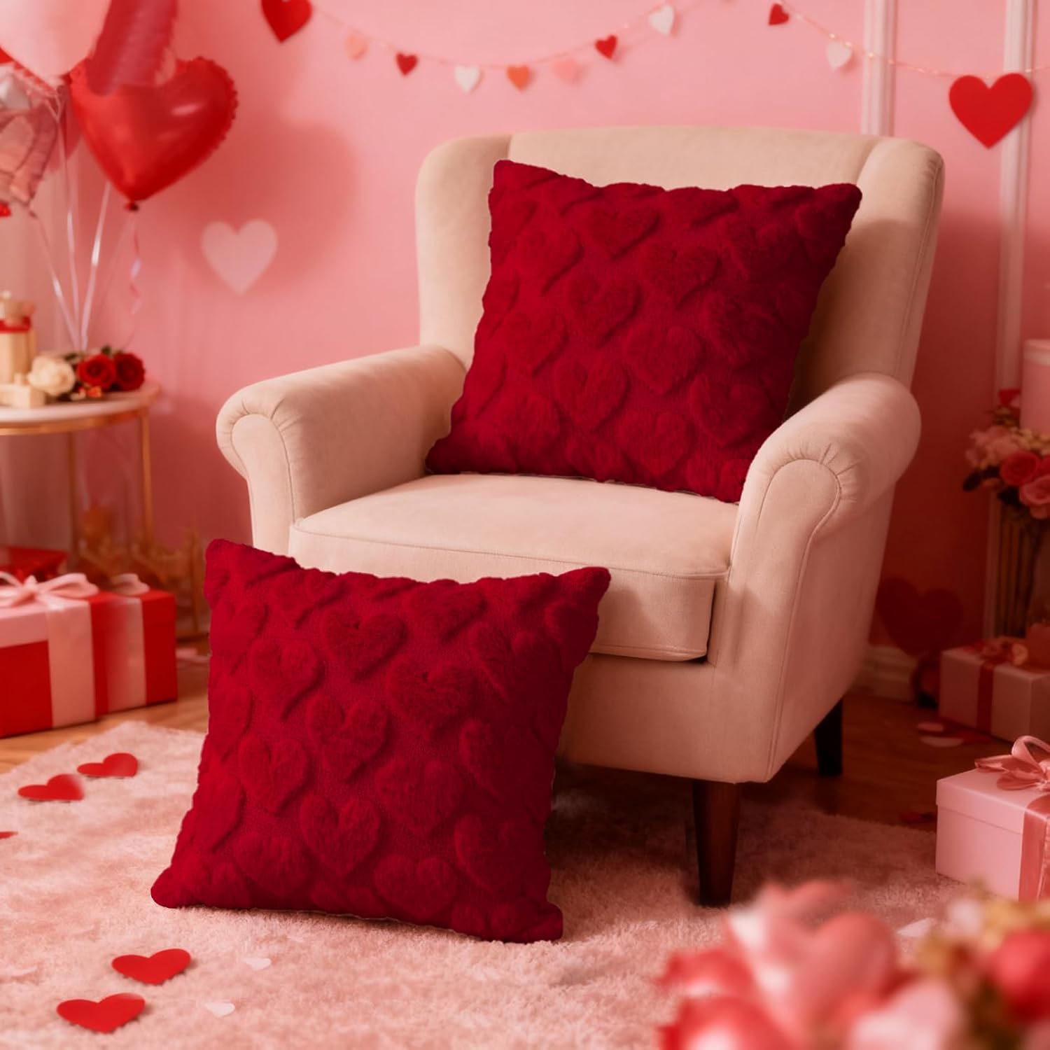 Lanpn Valentines Day Throw Pillow Covers 22x22 inch Set of 2, Valentine Decoration Soft Plush Love Pillowcase Decorative Valentine Pillow Cases for Holiday Couch Sofa Home Decor (Red, Small Heart)