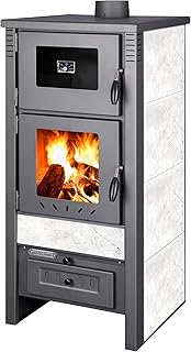 ProTermo Taurus Weiß Kaminofen mit Backfach und Thermometer – 12kW Heizleistung - Holzofen mit Schamottstein 52 x 50 x 107cm 2 Sichtfenster Werkstattofen - Bauart 1