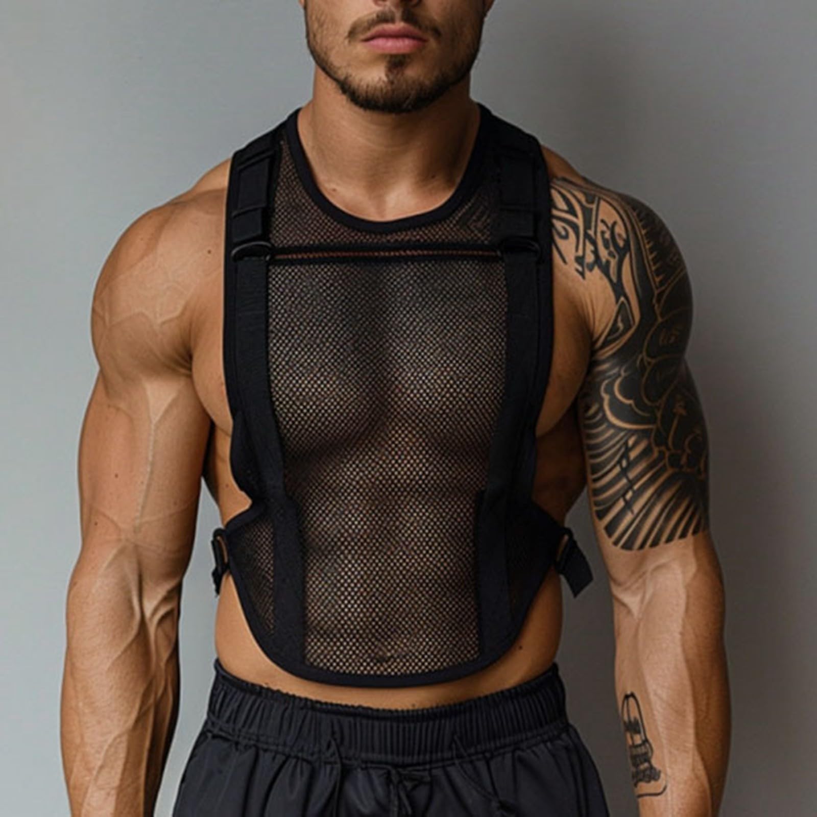 Top da uomo in rete a crop scollo rotondo traspirante senza maniche sexy per sport palestra clubwear