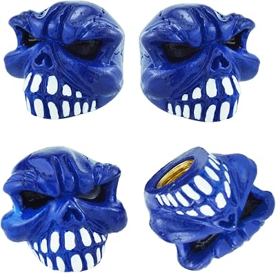 Skull Valve Caps 4PC Car Tyre Tire Valve Stem Kit Wheel Plug Caps for Most Vehicles Bikes Motorcycles, Blue