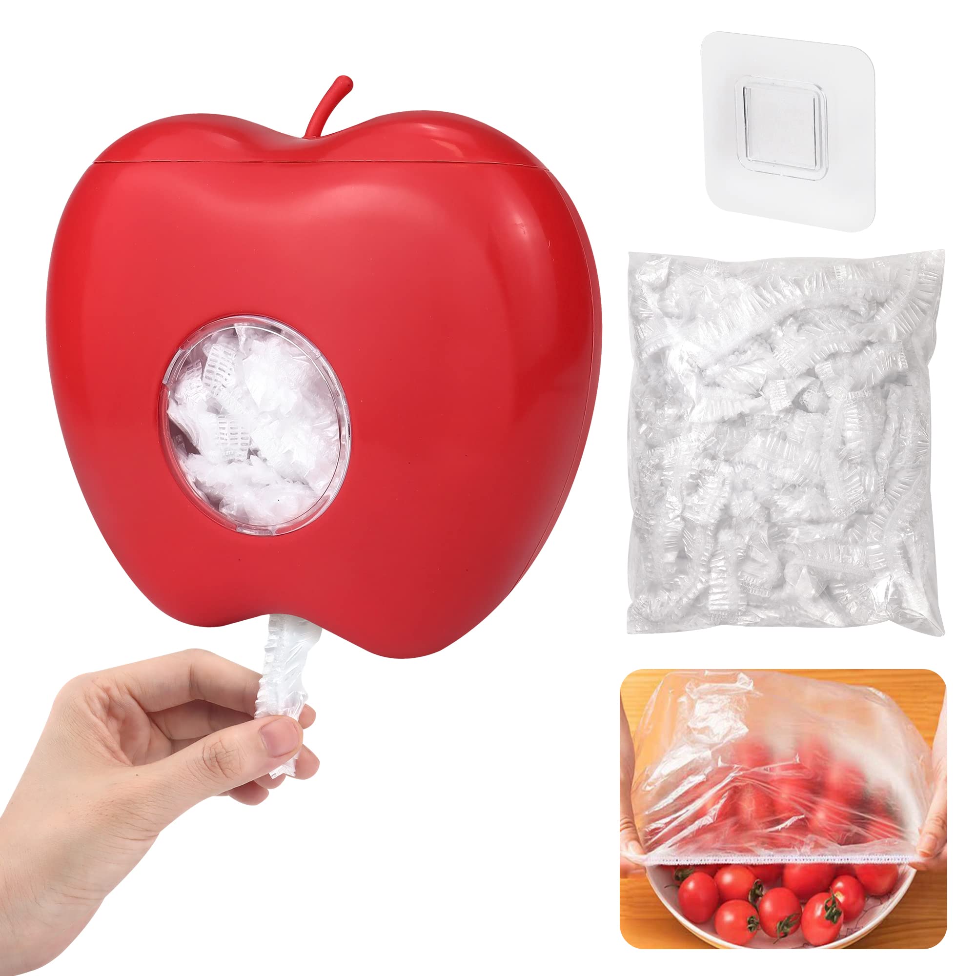 cakefly Plastic Wrap Storage Box with 100pcs Food Covers, Apple Shaped Plastic Wrap Dispenser, Kitchen Wall-Mounted Cling Film Wrap and Storage Container for Kitchen Fresh Food Storage