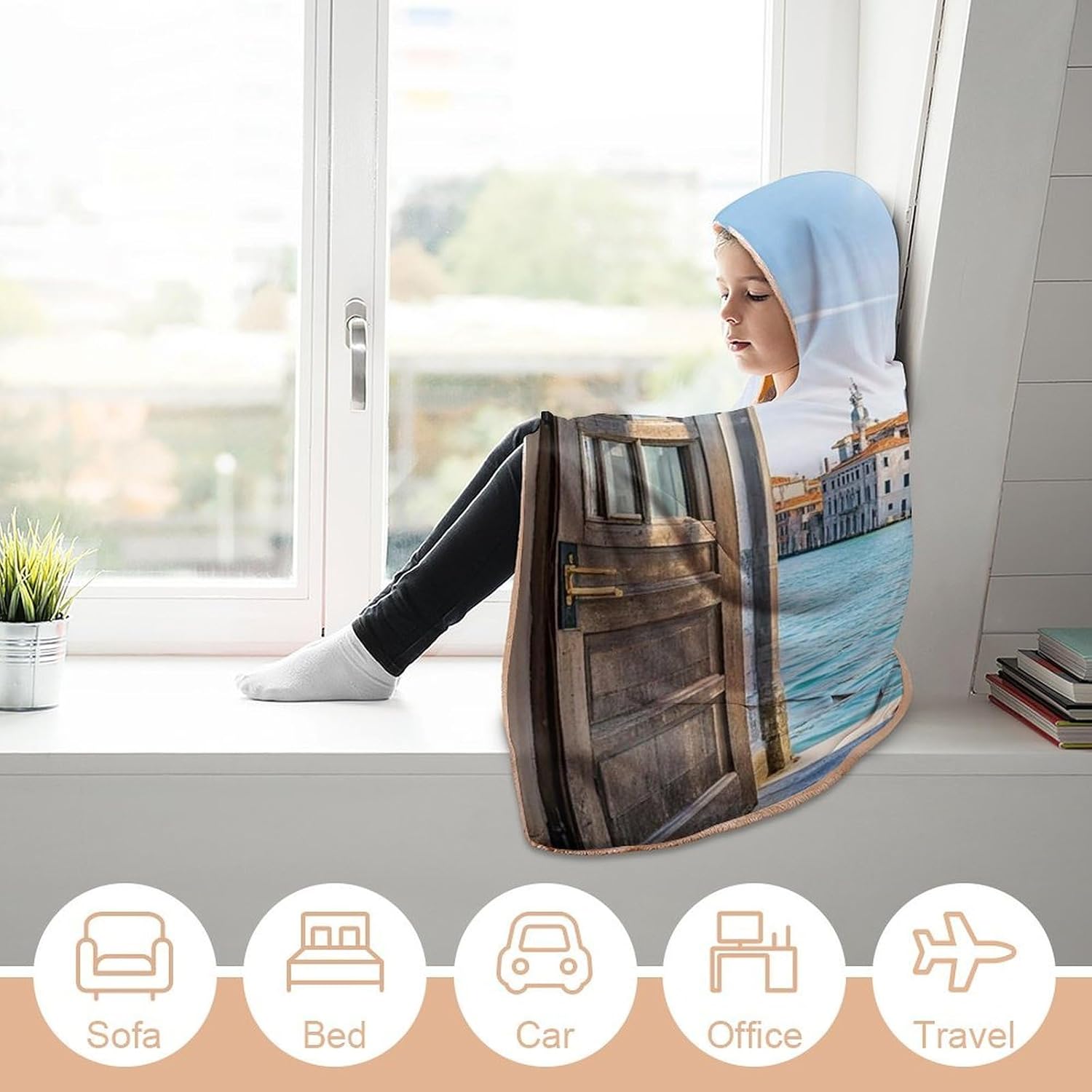 Italian Water City Wearable Hooded Blanket, Ultra Soft Arctic Velvet Cape Cloak Unisex - Cozy Wearable Blanket