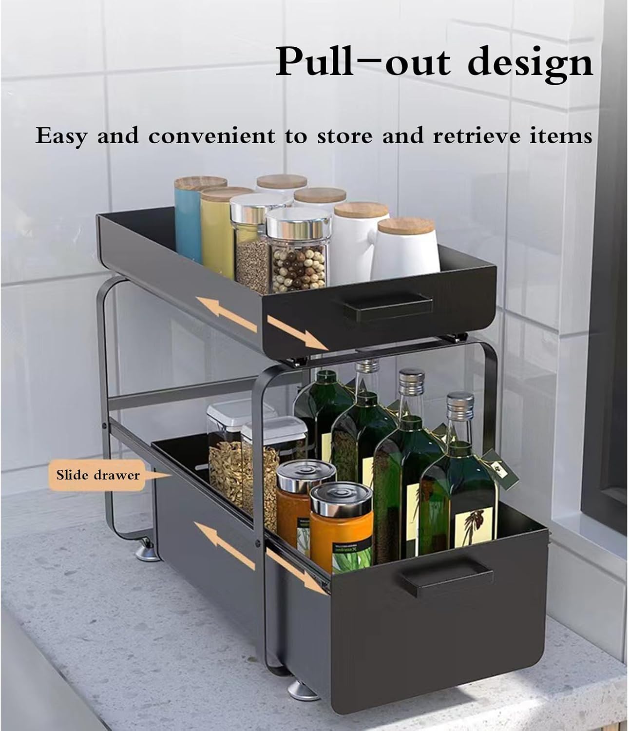 Under Sink Pull Out Storage OrgaKitchen & Bathroom No Water Accumulation ng Solution for Cabinets Easy Access to Cleaning Supp，Black-45.6 * 25.2，Black-45.6 * 25.2 * 30cm