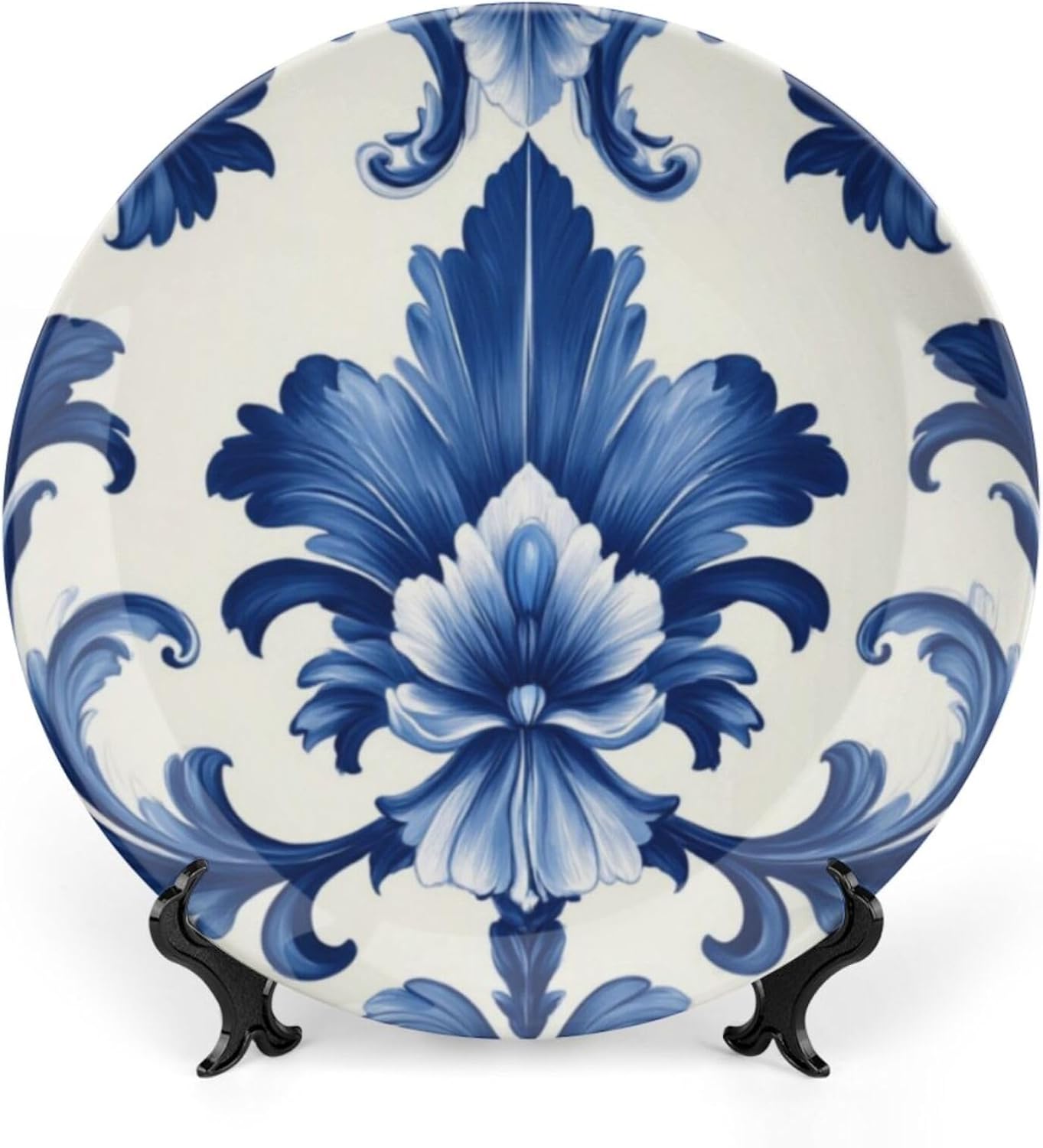 Flowers Theme Decorative Ceramic Plate Round Porcelain Plate,10 inch,Vintage Pattern,for Decorative Ornaments Giving Plates,1 Plate with 1 Display Stand,Blue White