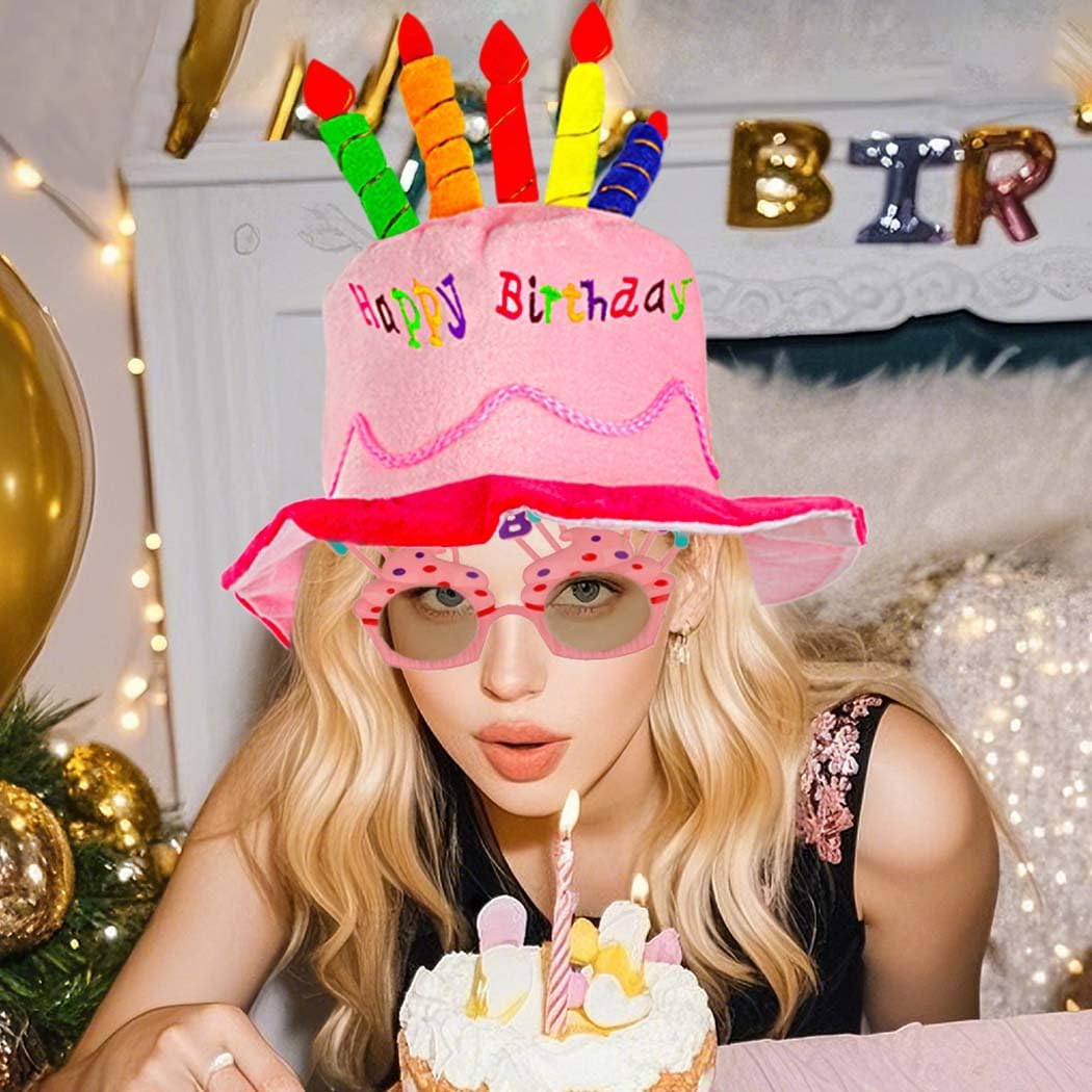 Birthday Hat Plush Happy Birthday Hats Pink Cake Caps Fancy Dress Party Hats with Sunglasses for Women and Girls