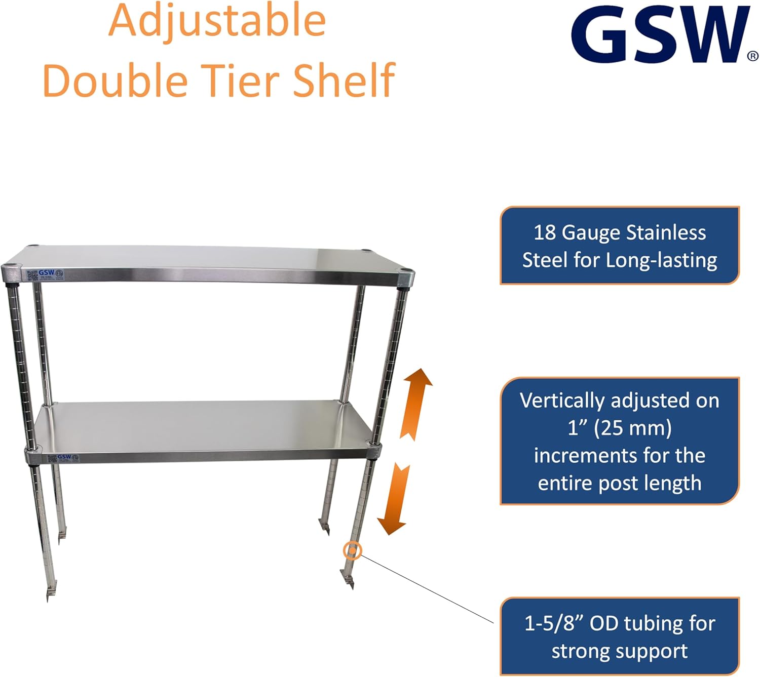 GSW DS-1248A Commercial Stainless Steel Adjustable Height Double Tier Over-Shelves for Prep & Work Table, Cold Table, Restaurant Kitchen, 12" x 48-3/4" x 36"