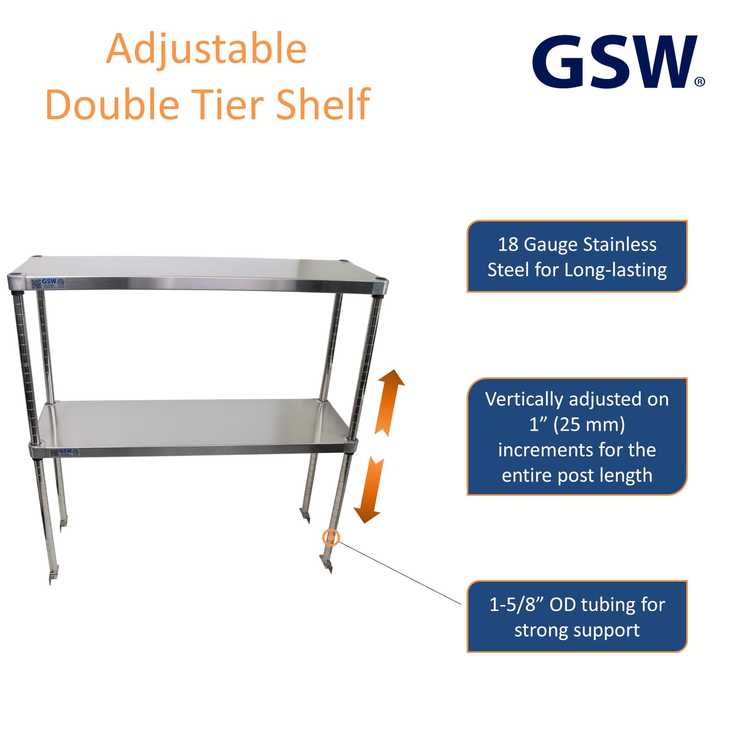 GSW DS-1636A Commercial Stainless Steel Adjustable Height Double Tier Over-Shelves for Prep & Work Table, Cold Table, Restaurant Kitchen, 16