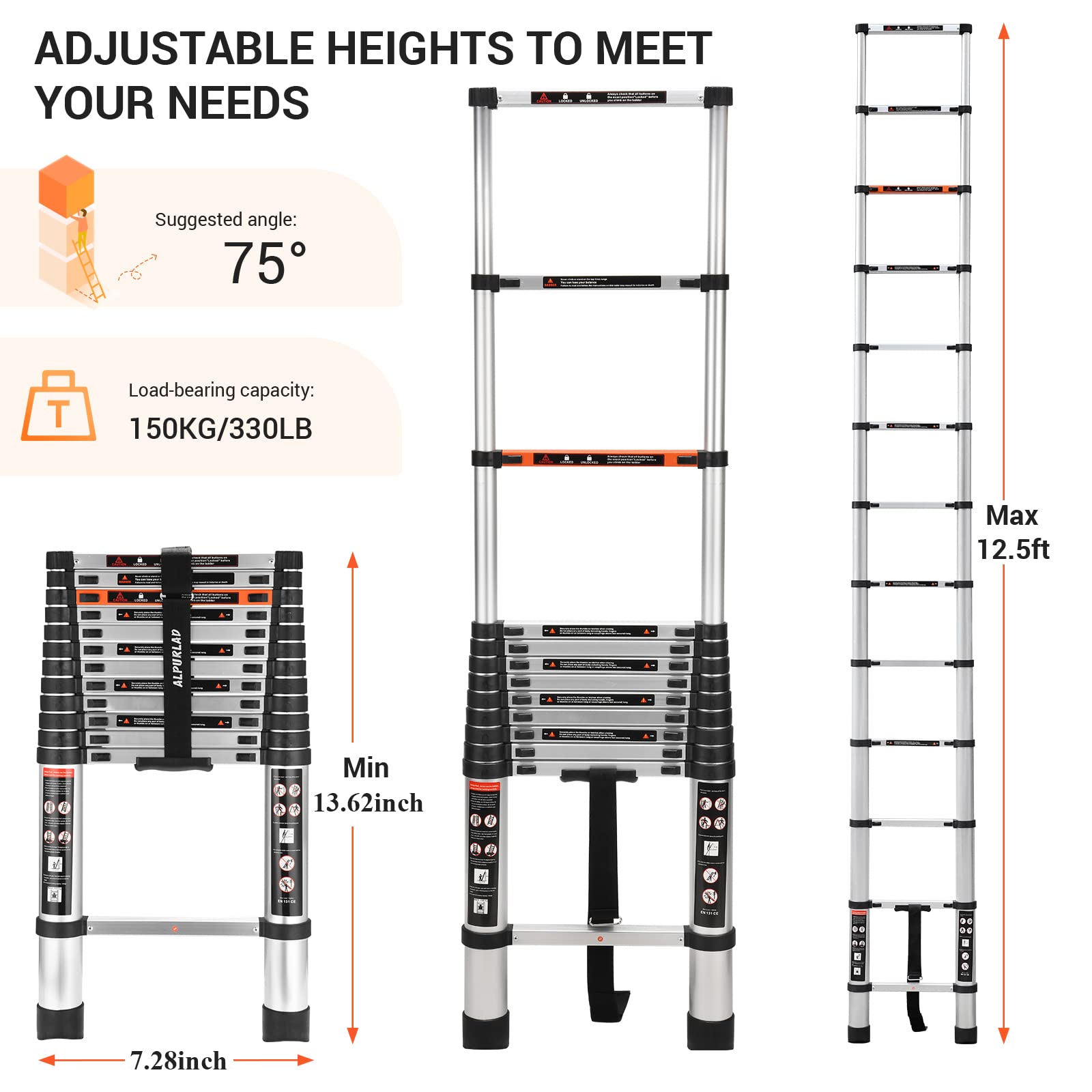 ALPURLAD Telescoping Ladder 12.5FT Aluminum Extension Ladders