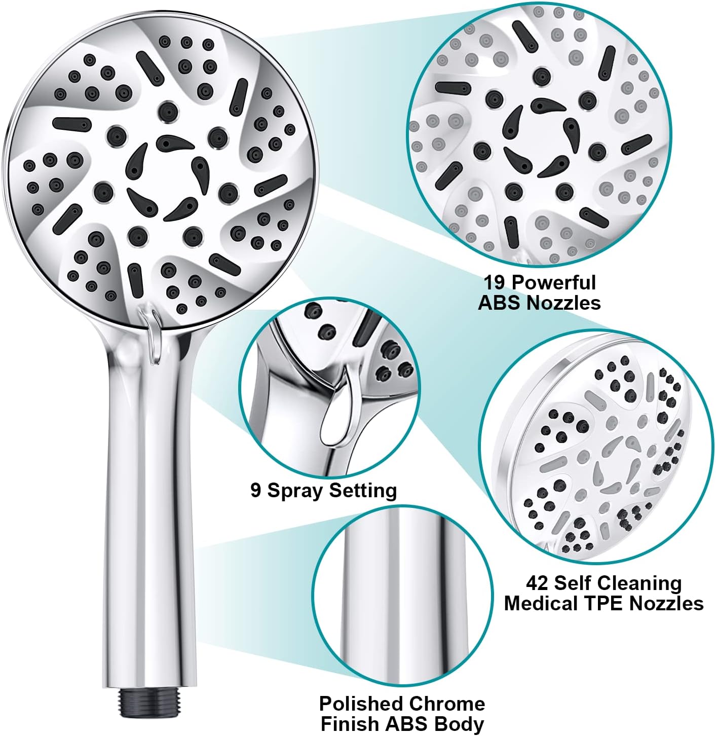 Shower Head With Handheld, Gusgopo 9 Spray Setting High Pressure Shower Heads with 60" Stainless Steel Hose, Angle-adjustable Overhead Bracket, Teflon Tape and Rubber Washers