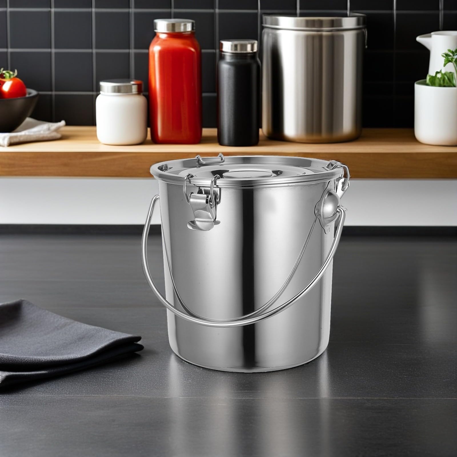 Cubo de Acero Inoxidable Hermético de 9l con Tapa y Asa, Recipiente Redondo para Almacenar Alimentos, Adecuado para Eventos de Catering y Evitar Olores