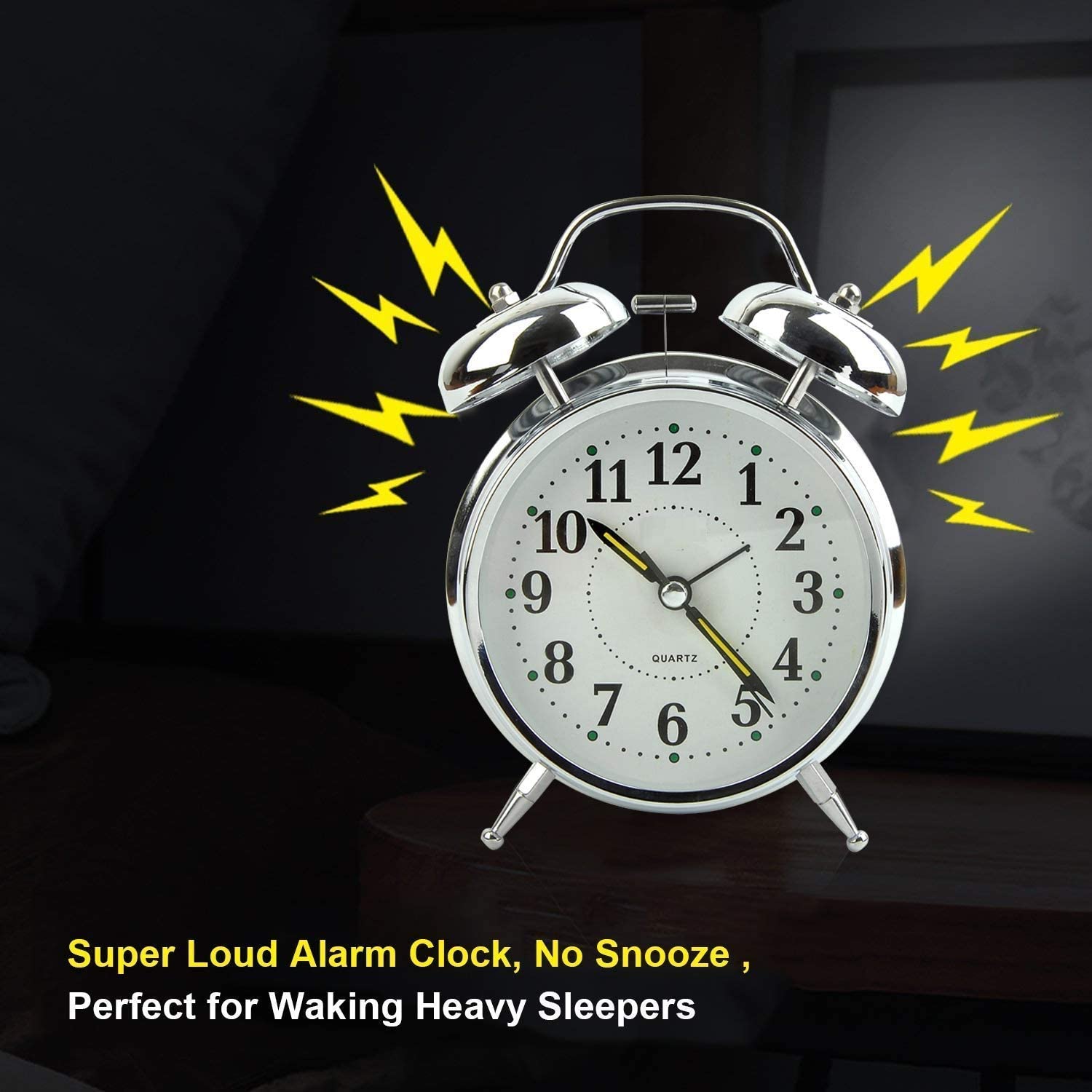 PERPART Table Alarm Clock Vintage Look Twin Bell with Night LED Display and Loud Sound Alarm Voice for Heavy Sleepers Kids and Students, Home and Office, Loud Bell Alarm (Silver) 4