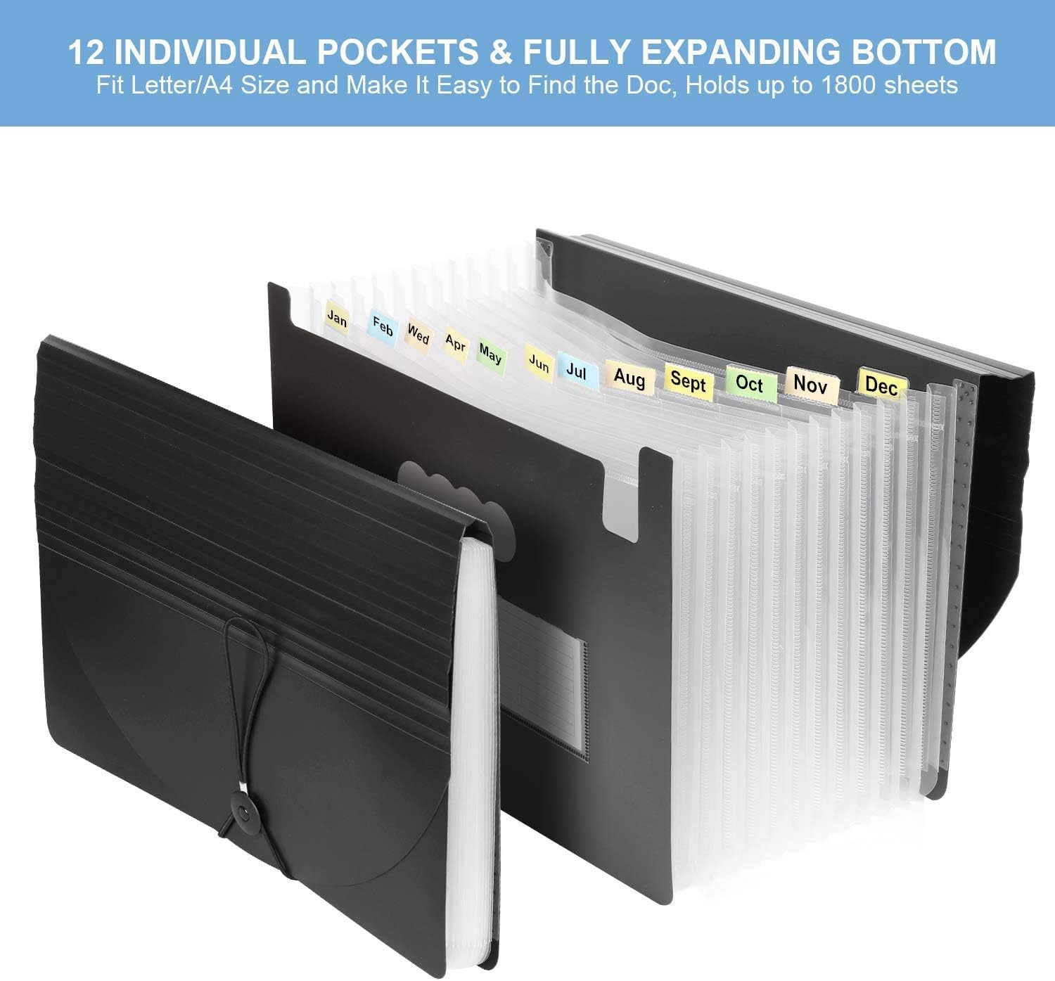 ABC life Accordian File Organizer Letter Size, Expanding File Folder 12 Pockets, Expandable Filing Box A4, Portable Accordion Documents Receipt Bill Organizer with Elastic Band/Colored Tab for School