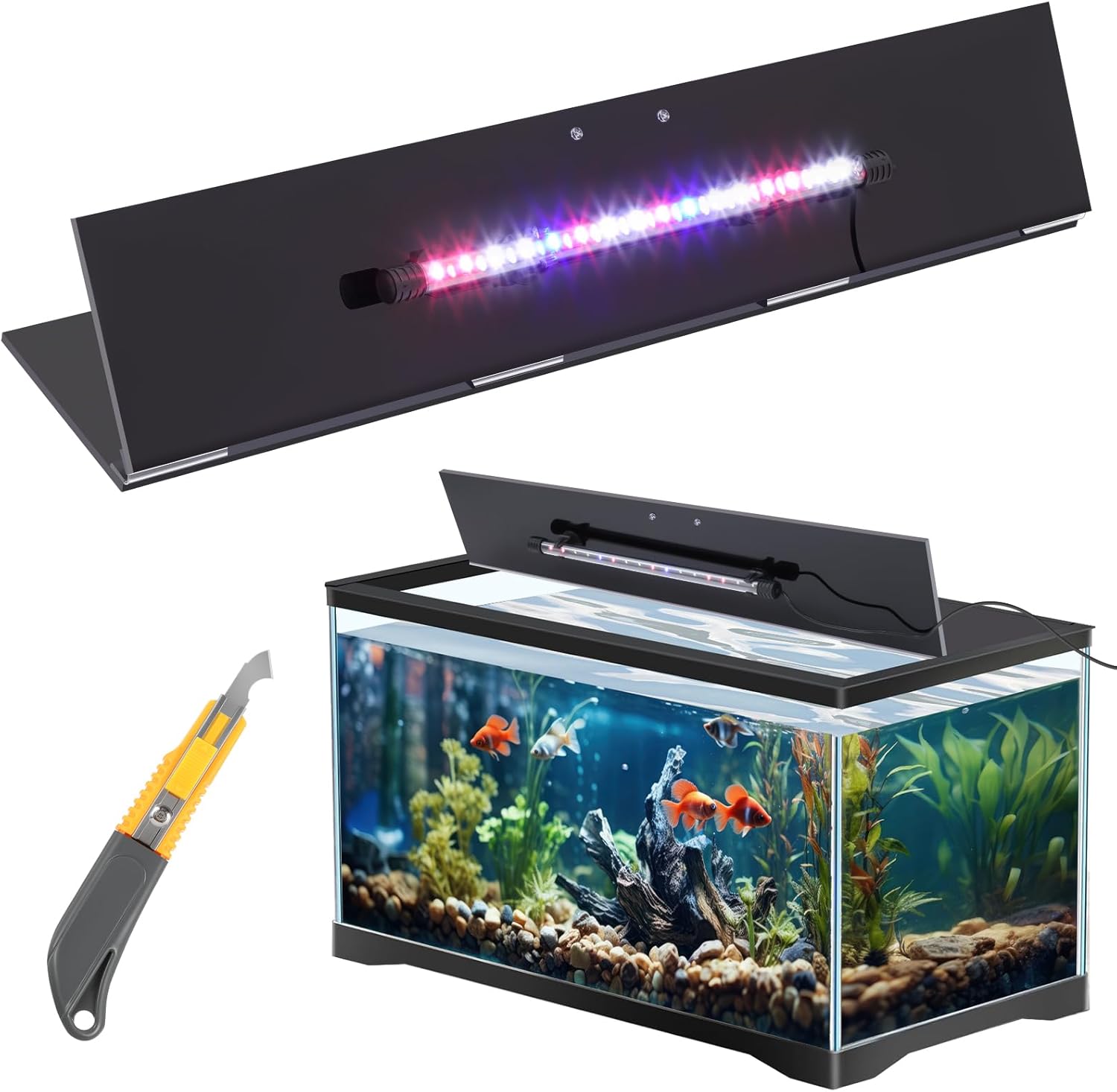 Sieral Aquarium Lids Polycarbonate Canopy with LED Light 29 x 11.38 x 0.12 Inch for 20/29/37 Gallon Without Center Brace Aquariums Cover Fish Tank Lid with a Hook Knife, Black Black 30x12in