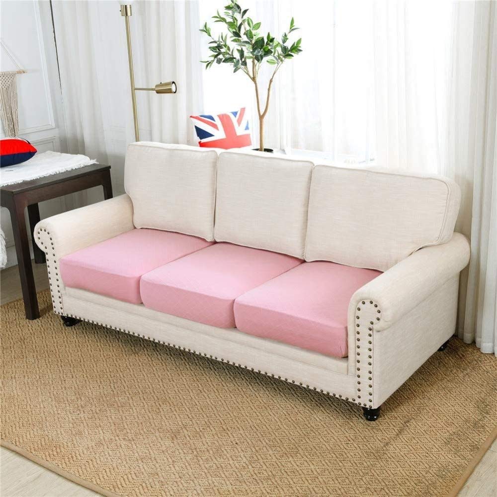 Funda de sofa elasticizada en tejido jacquard de cuadros con fundas de cojin independientes azul