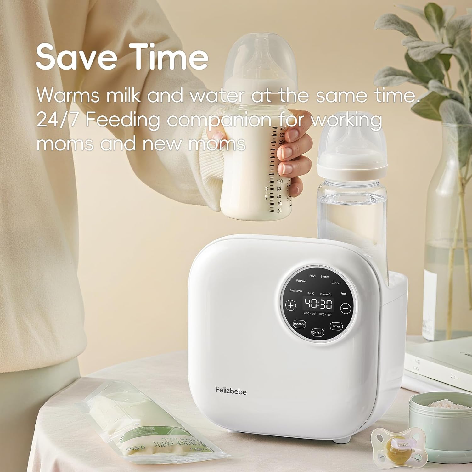 Baby Bottle Warmer, Felizbebe 10-in-1 Double Bottle Warmer for Breastmilk or Formula, Accurate Temperature Control, Timer, Sterili-zing, Defrost, Heat Food, Keep Warm, Breast Milk Warmer for Baby