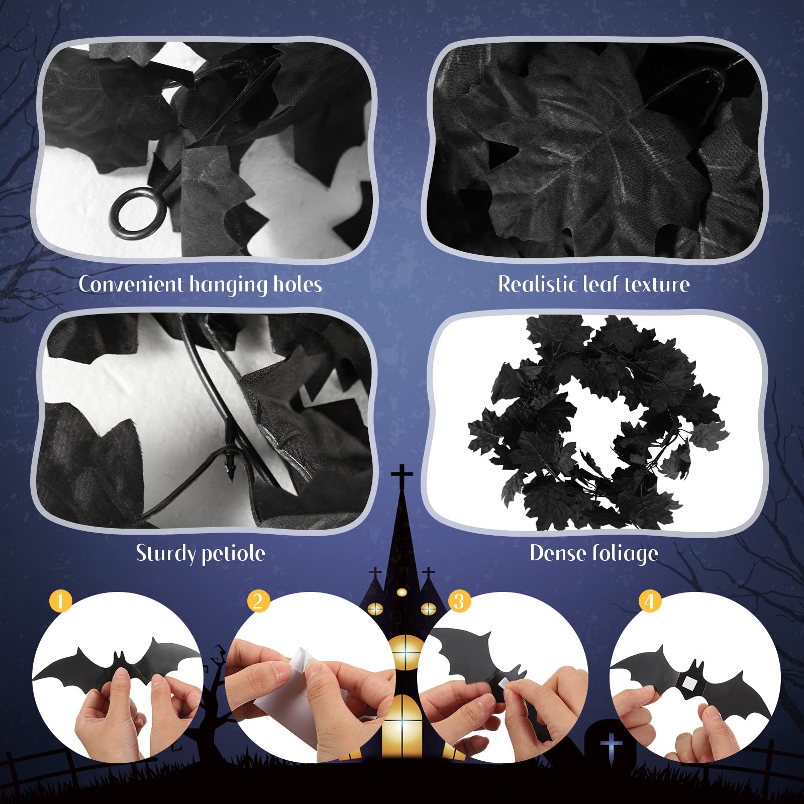 Canlierr 2 Pcs Halloween Black Leaf Garland with 80 Pcs 3D Bat Decor 70.8 Inches in Length Spooky Halloween Wall Decor Artificial Maple Leaves Vine for Halloween Party Decorations Home Outdoor