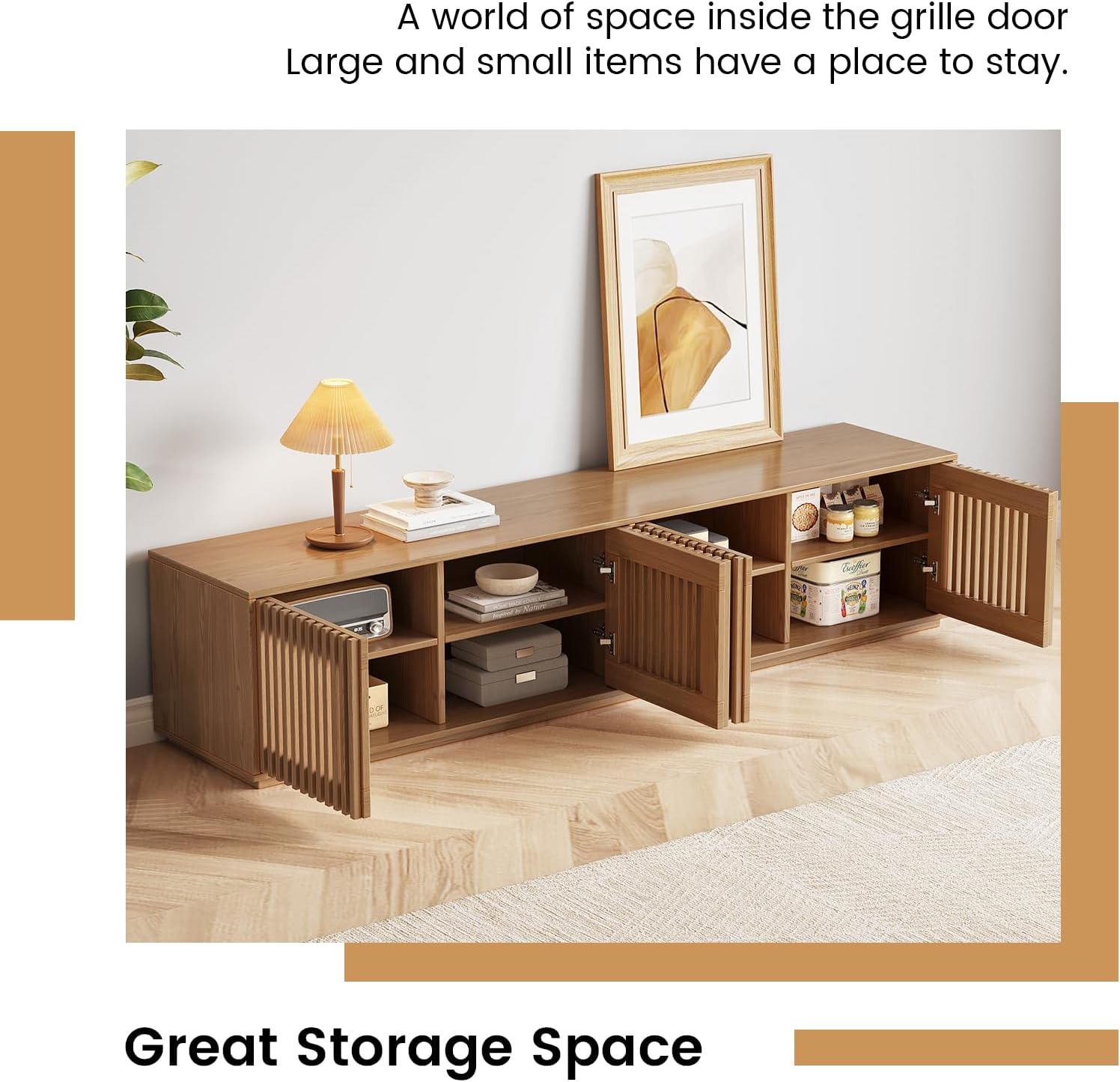 Guyii 125inch Wood Color TV Stand for 65-75Inch TV Farmhouse Enterment Center TV Console with Storage CabinetsMid-Century Media Console for Living Room Bedroom