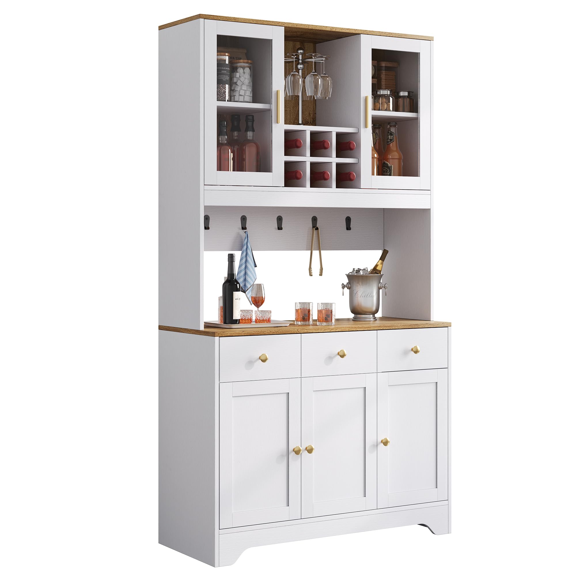 Azkoeesy Mobile Dispensa Cucina, Credenza Alta Cucina, 95x40x175 cm, 3 Cassetti, 3 Porta trasparente in acrilico, Portabottiglie, 5 Ganci, bianco + maniglie in metallo oro