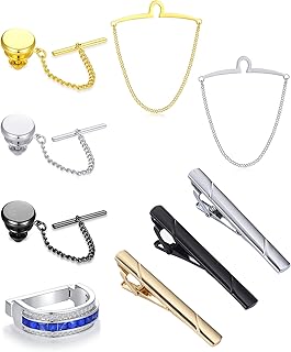 9Pcs Tie Clips Tie Ring for Men Square CZ Tie Tacks Clutch with Chain Necktie Silver Black Gold Tie Clips Link Chain for Wedding Meeting Business Anniversary Tie Pin Clips