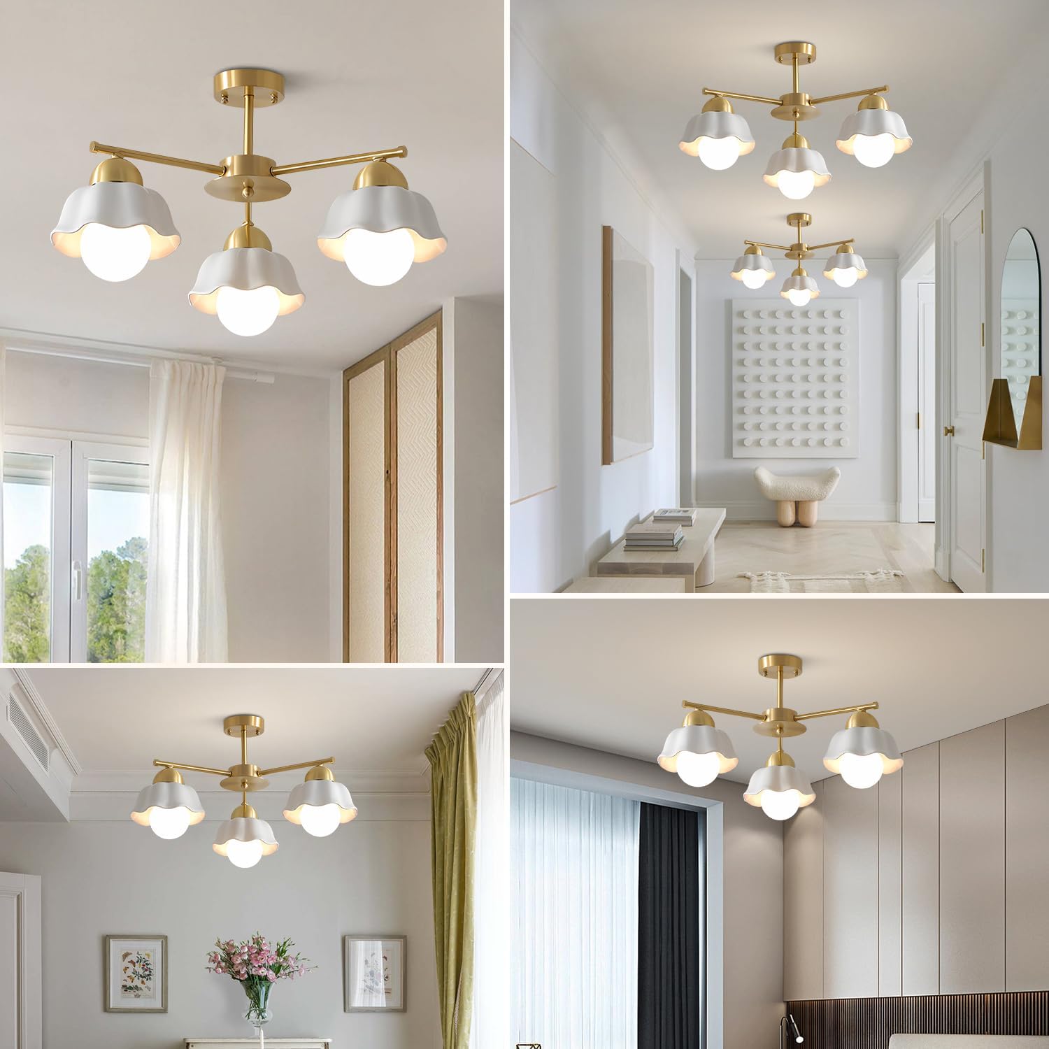 Mid Century Modern Brass Semi Flush Mount Ceiling Light 3 Lights Milk Opal Glass Ceiling Light Fixture Gold Sputnik Chandelier Light Fixture Vintage Hanging Ceiling Lights for Foyer MCL08-3 GD