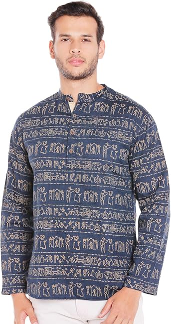 Mens Banded Collar Artisan Warli Print Henley Style Sleek Kurta Tunic; Navy; XL
