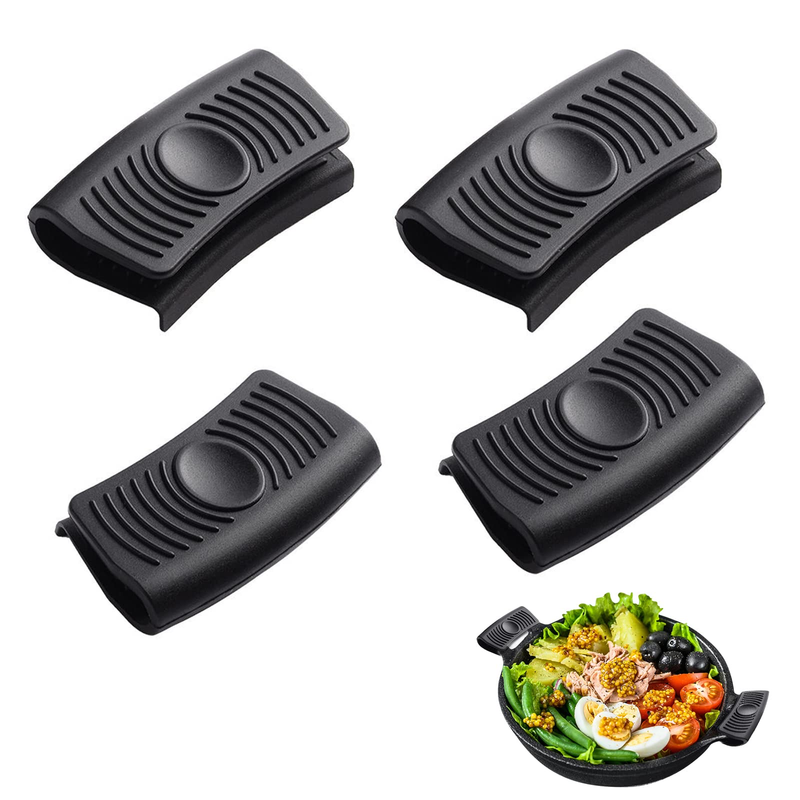 2 Pairs Silicone Pot Holder Non-slip Assist Handles Pot Holders Insulated Hot Pan Holder Cover Sleeve Grip Silicone Pan Handle Covers Door Wedges for Cast Iron Woks Pans Griddles Skillets Plates Black