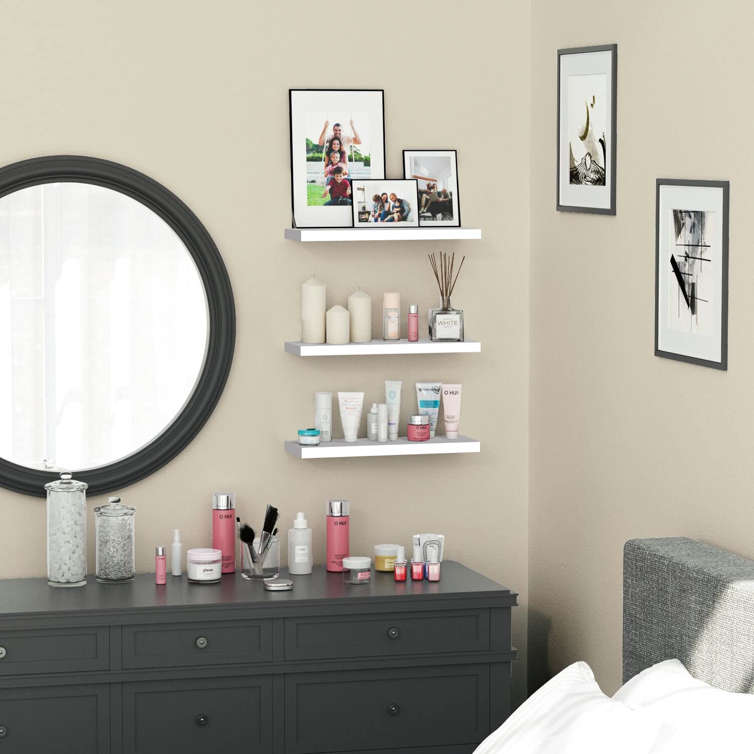 CITLOW 3 Pack Floating Wood Shelves,Wall Mounted Shelves,Display Storage Shelf,Home Decor Photo Display Ledges,Organizer Shelf for Living Room/Bedroom/Bathroom/Kitchen,White