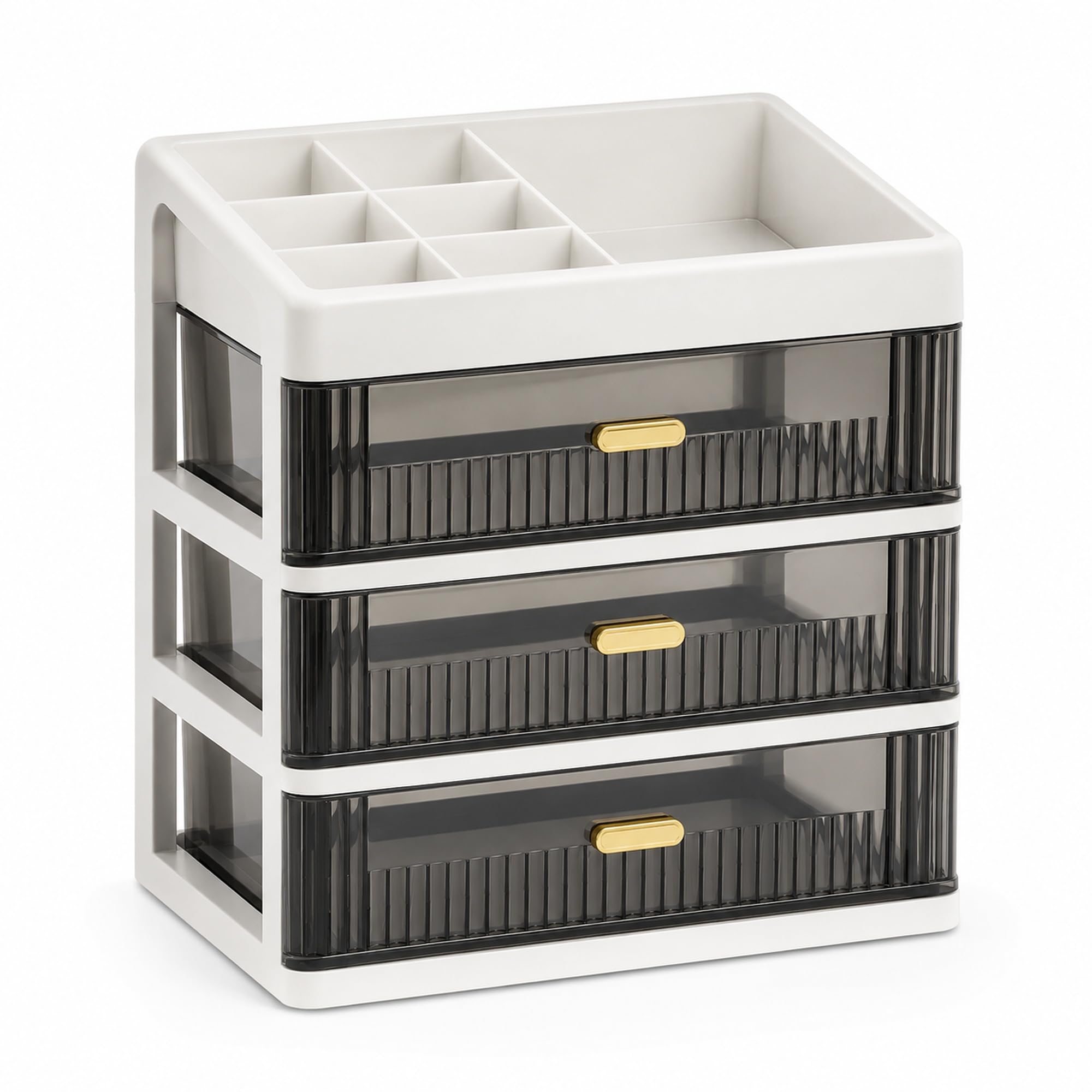 HAYO_3-Drawer Makeup Organizer for Women, PP Plastic Cosmetic and Jewellery Storage with Top Compartments for Dressing Table, Vanity, Bathroom and Office Desk, White and Grey, 22.5 x 17 x 26 cm-image-38
