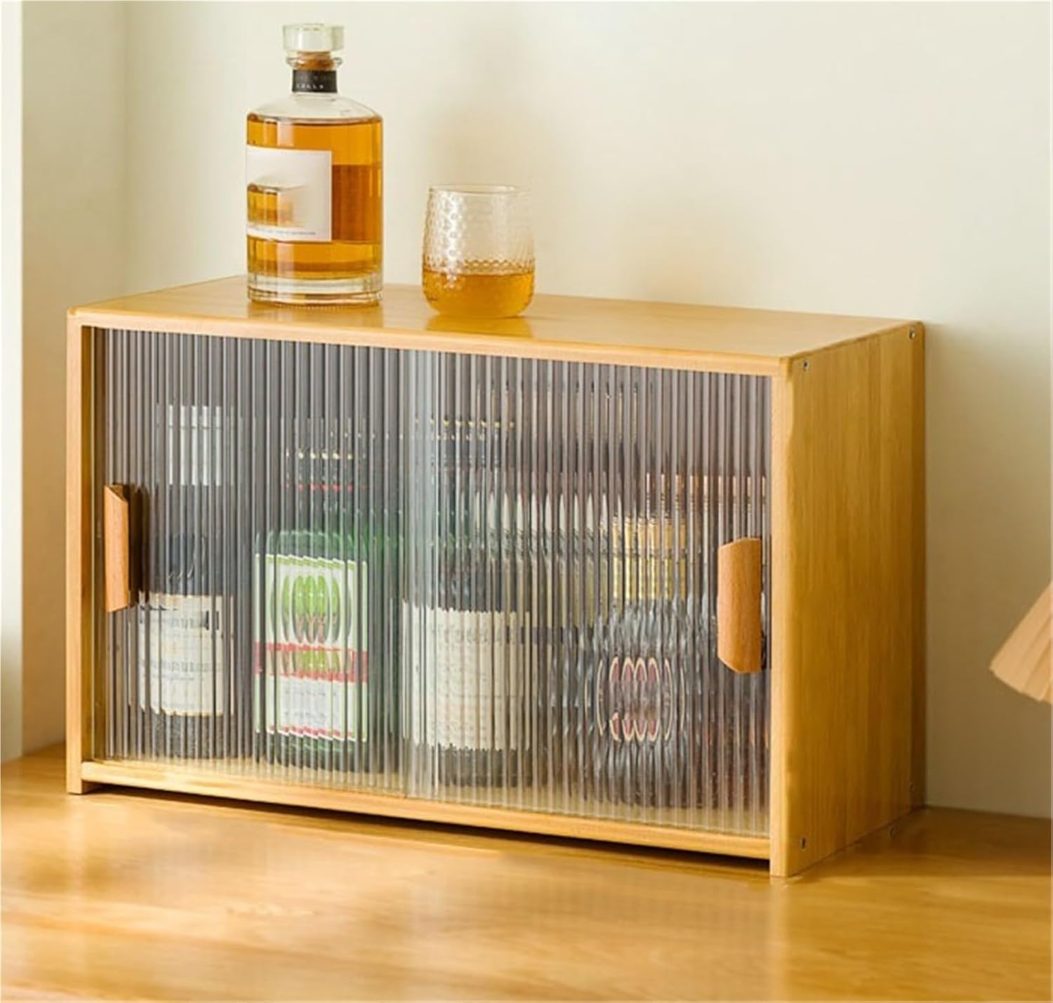 Natural Bamboo Kitchen Pantry Sideboard with Glass Doors - Freestanding Storage Cabinet for Coffee Cups, Spice Bottles, and Dishes - 55 cm Countertop Organizer