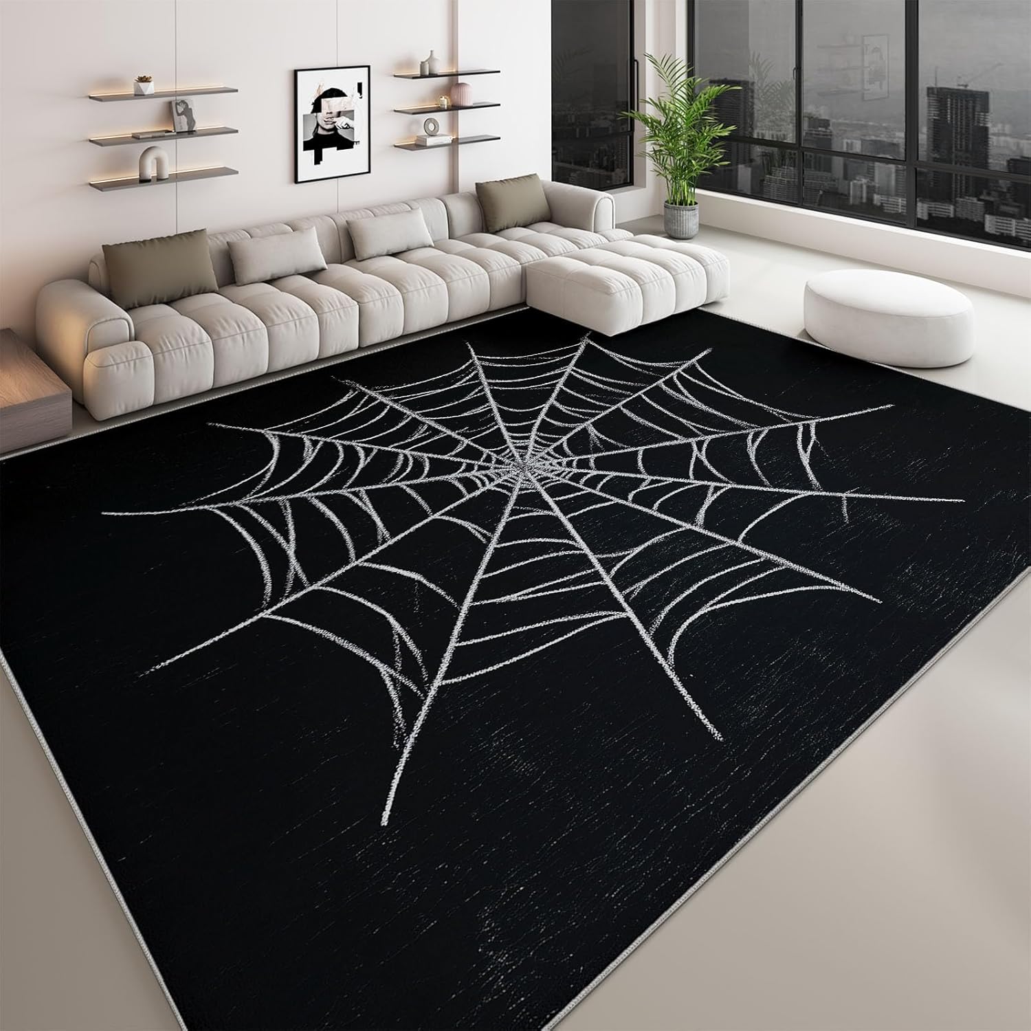 Vector Style Spider Web Area Rug 4 x 6 ft, Washable Non Slip Bedroom Carpet - Stain Resistant Black Indoor Area Rugs for Living Room Game Room Kitchen Entryway Home Decor