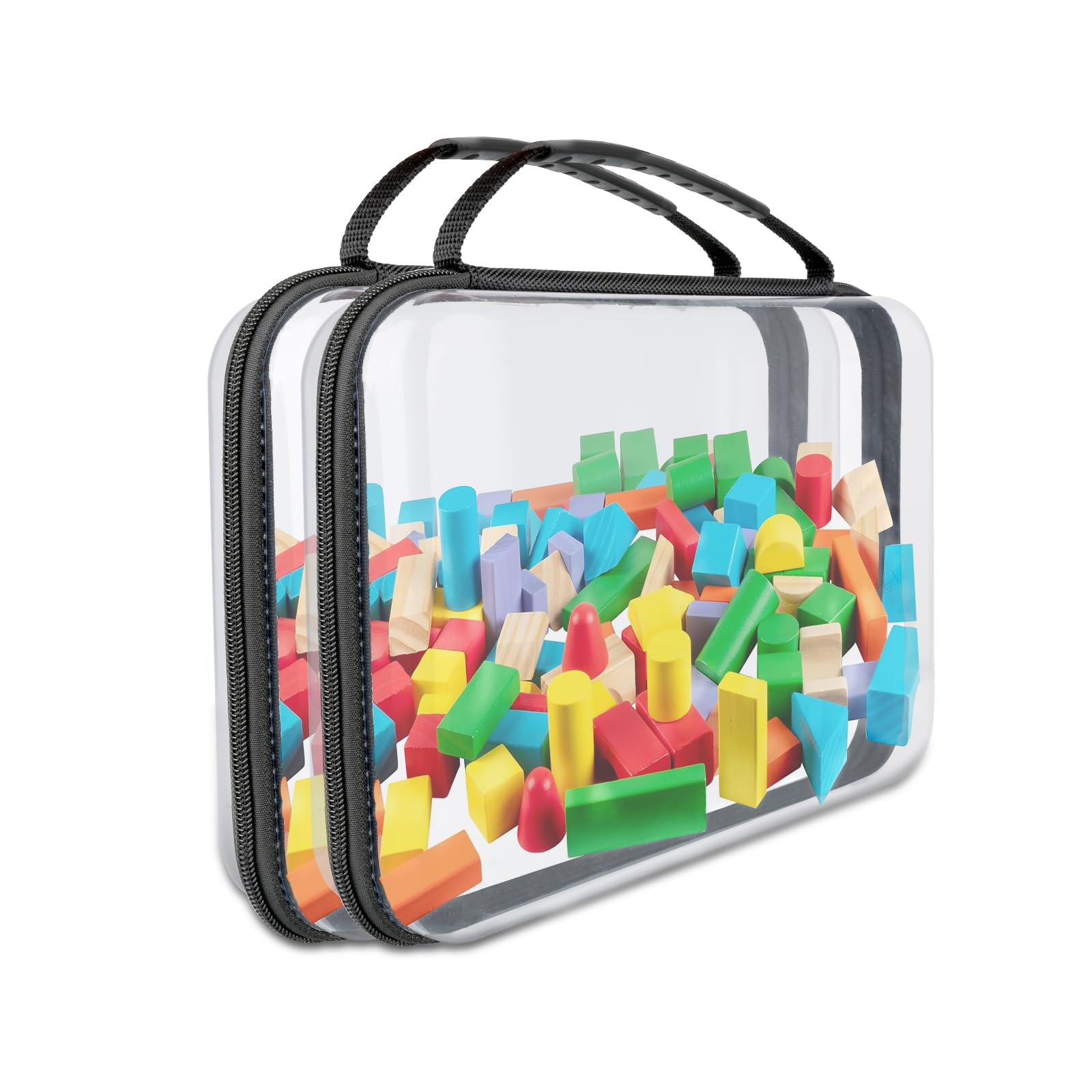 2Pack Zippered Hard Pouch, Clear Hard Shell Plastic Bliss Storage Bins with Handle, Zipper, Manual Pocket, Large Zippered Hard Pouch Bag Case for Board Games, Building Blocks, Puzzles, Black