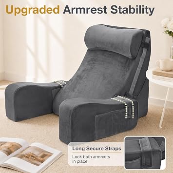 Sasttie 15-25 inch Adjustable Reading Pillow with Armrests, Dark Grey