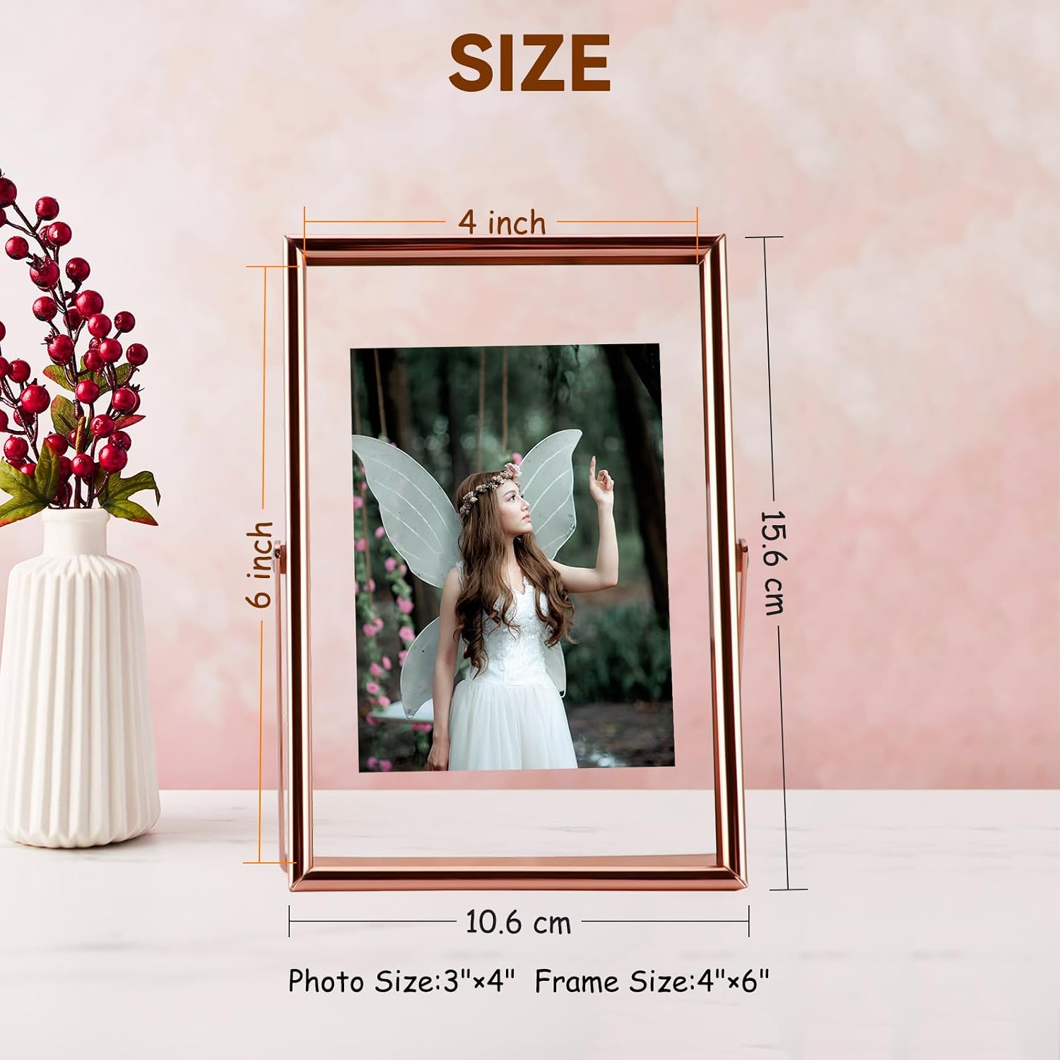 Rose Gold Floating Frame, 4"x6", Vertical, For Picture 3.5x5, 3x4, 2x3, Mini Tabletop Photo Frame, Classy For Festival, Wedding, or Birthday image 2