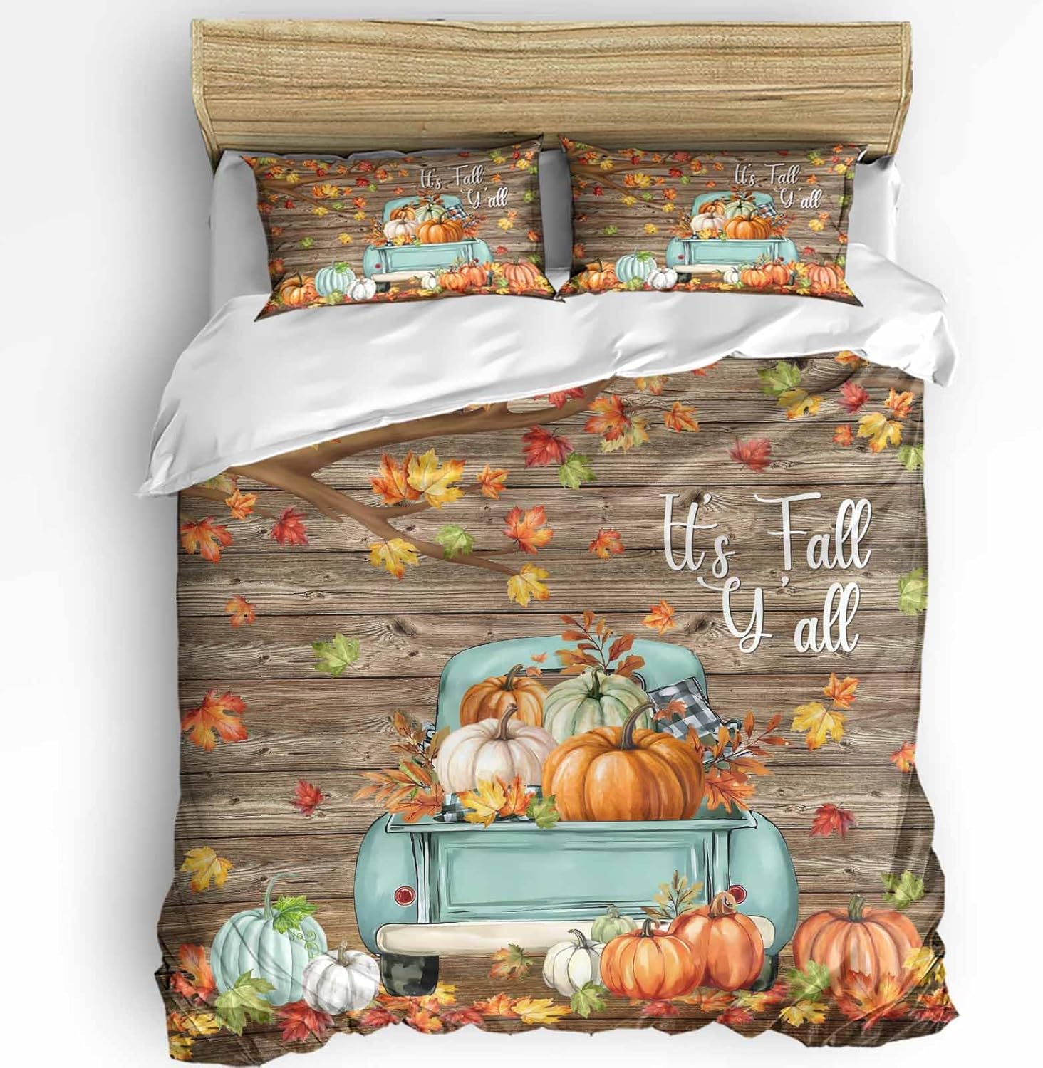 Fall Duvet Cover Set California King Size Harvest Pumpkin Truck Comforter Sets 3 PCS, Maple Leaves Wood It's Fall Y'all Thanksgiving Bedding Set with Zipper Closure and 2 Pillow Cases, Soft Bed Covers