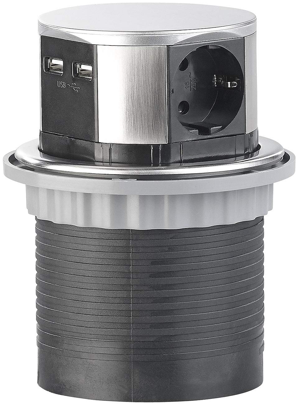 revolt Power Strips - incasso: Presa da tavolo a scomparsa Presa da tavolo da incasso, rotondo, 3x 230 Volt, 2x USB (scrivania a scomparsa, rotonda, hub)