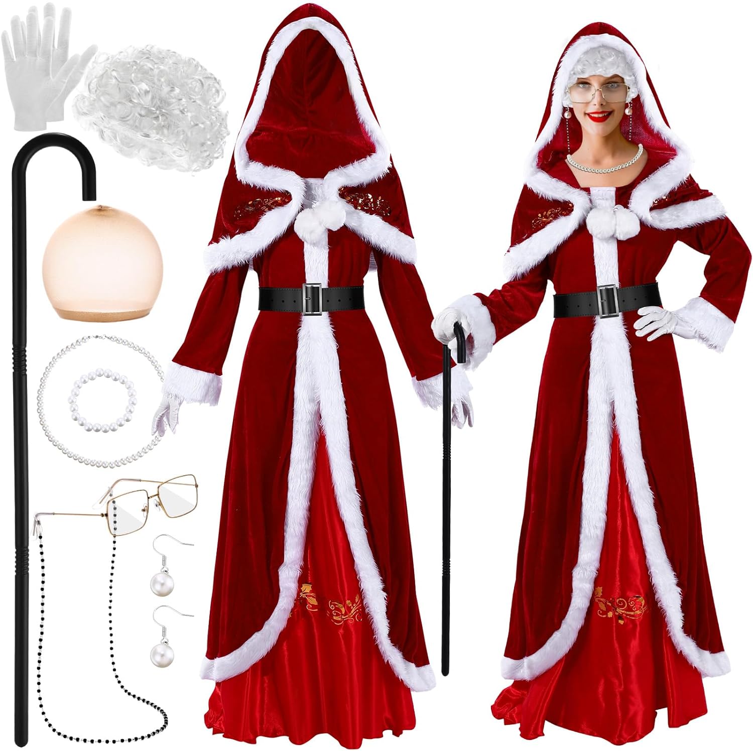 10 Pcs Women's Mrs. Claus Santa Costumes for Adult Women Deluxe Christmas Party Cosplay (Vintage,Large)