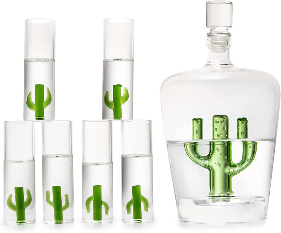 The Wine Savant Tequila Decanter Set with Cactus Decanter &amp; 6 Cactus Shot Glasses Set, Holiday Gifts for Tequila Lovers, 25 Ounce Bottle, 3 Ounce Shot Glasses Cinco De Mayo, Reposado Gift (Cactus)