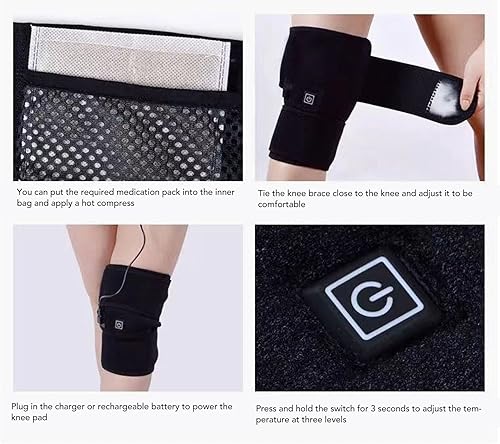 Miniatura 6 de Rodillera calefactora, rodillera calentada, fuente de alimentación USB negra, algodón, 3 engranajes, portátil para mantener el calor