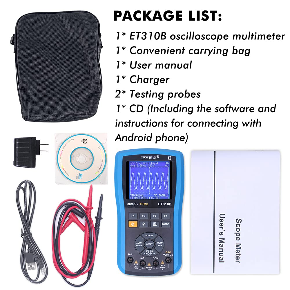 EONE ET310B Bluetooth Oscilloscope Multimeter, Connectable to Android Phone, Handheld Digital Oscilloscopes Kit DSO+DMM, 80M Sampling 20MHz Bandwidth, Auto Waveform Capture: Industrial & Scientific