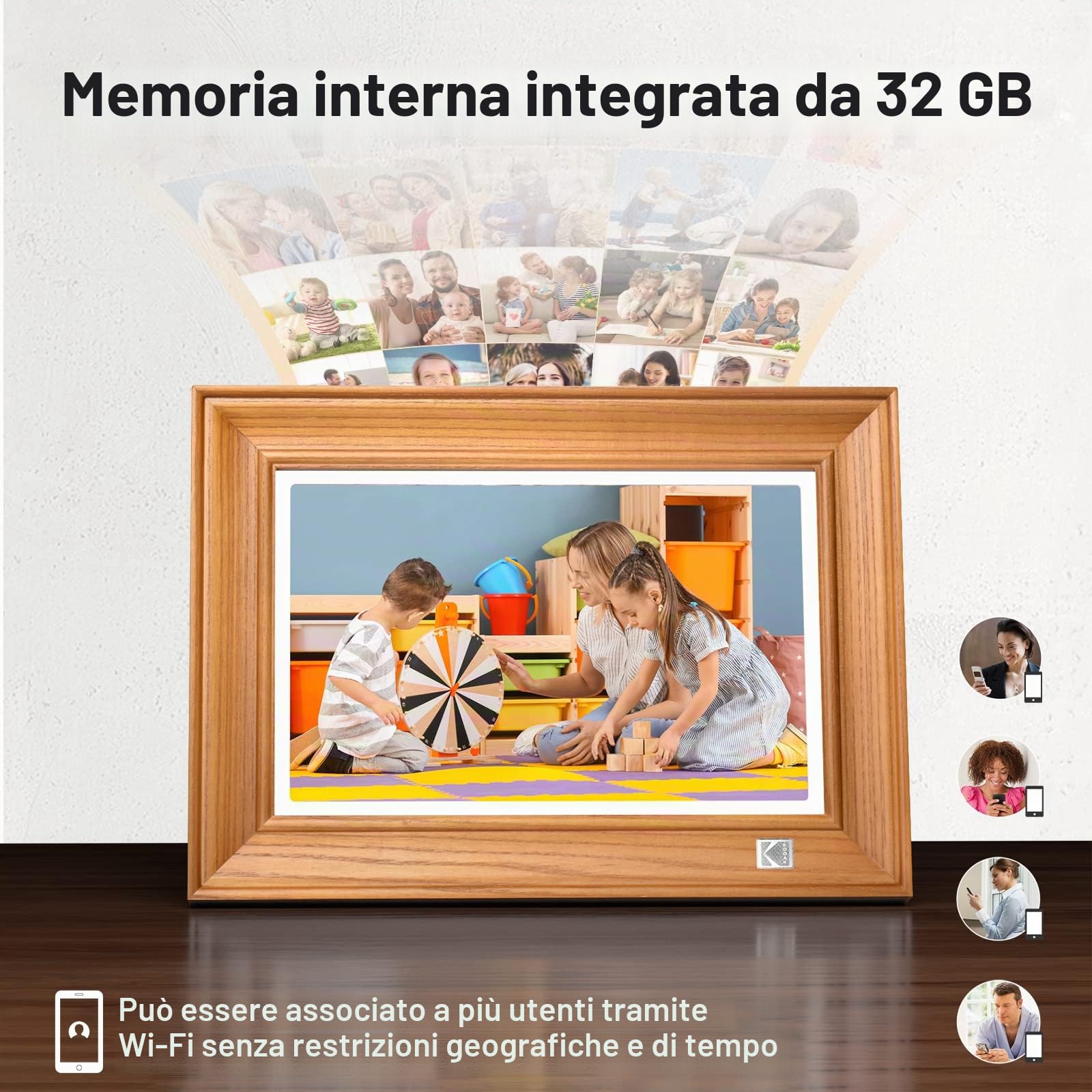 KODAK Cornice Digitale WiFi Cornice Foto Digitale 10 pollici, FHD 1920 * 1200 Touchscreen, Cloud Cornice Elettronica in Legno con Memoria da 32GB, Condivisione di Foto, Video e Musica via USB o App